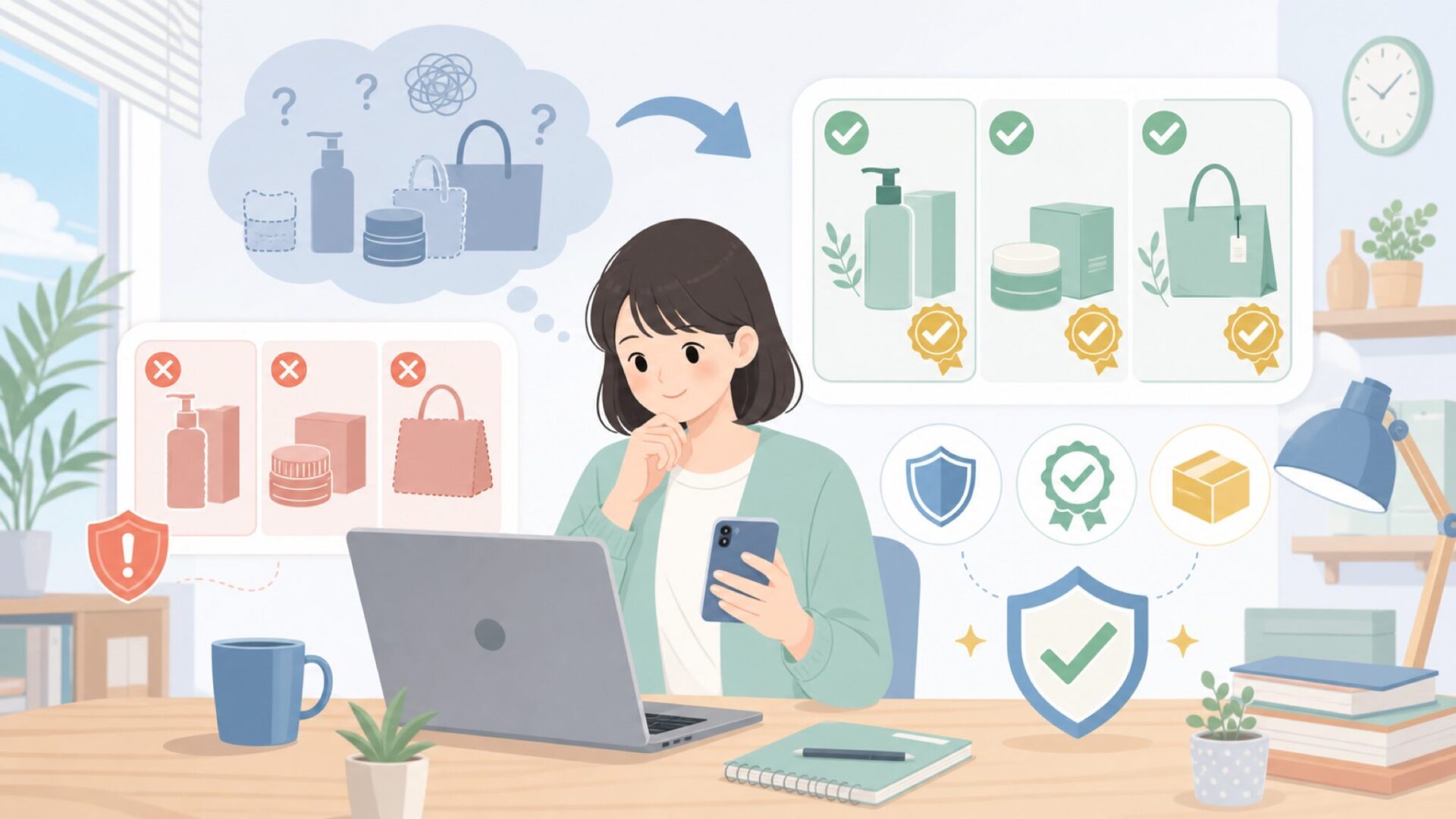 偽物・粗悪品を避ける正規品の見分け方3つの注意点を表すイラスト