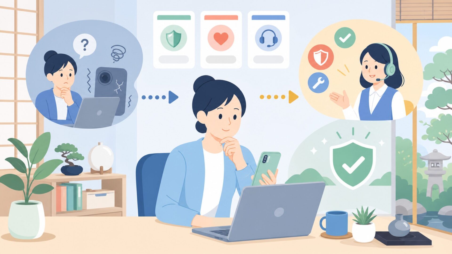 壊れたらどうする？保証・サポート・日本語対応の実態を表すイラスト