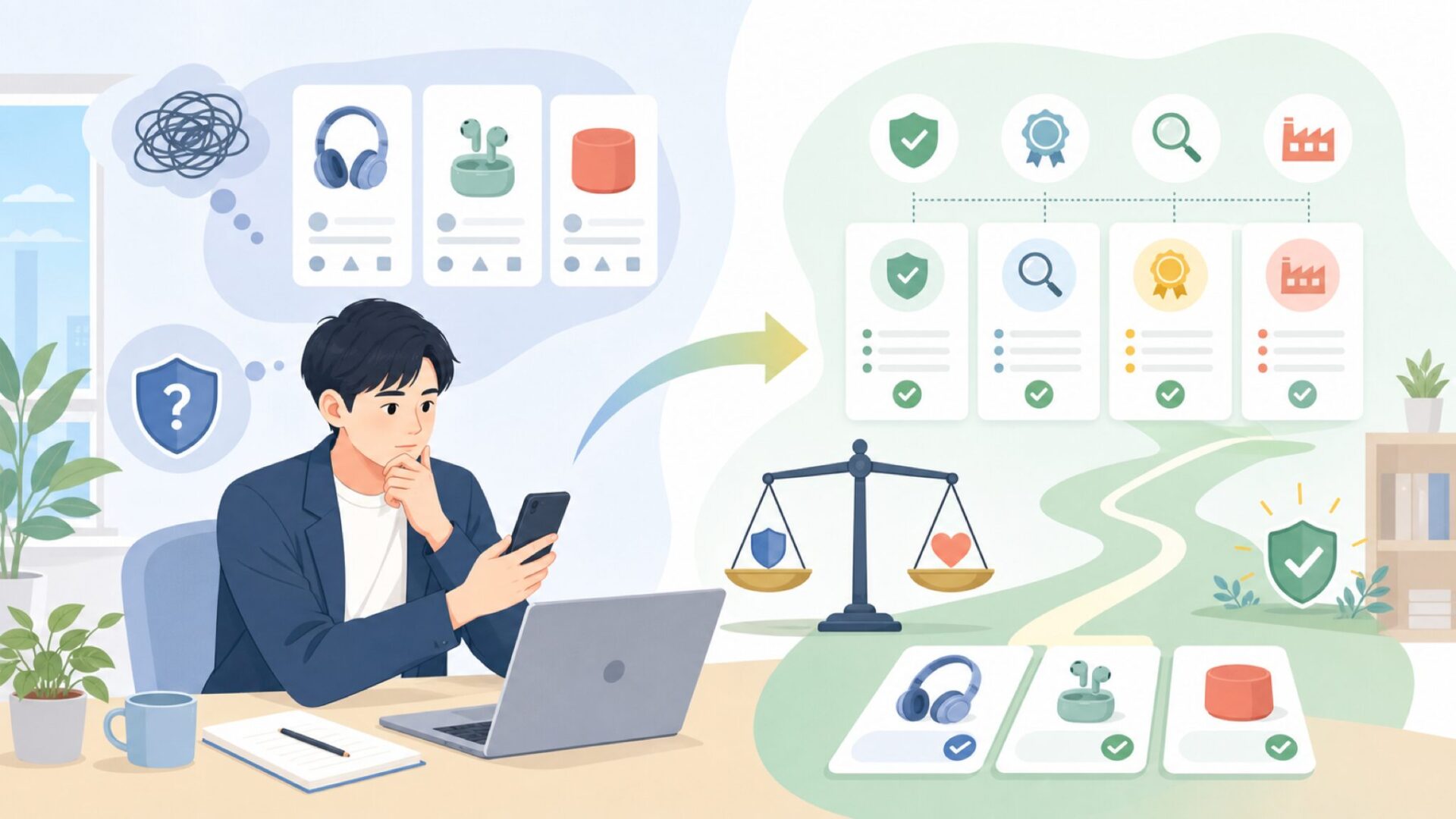中国オーディオメーカーで本当に大丈夫?不安を解消する見極め方を表すイラスト
