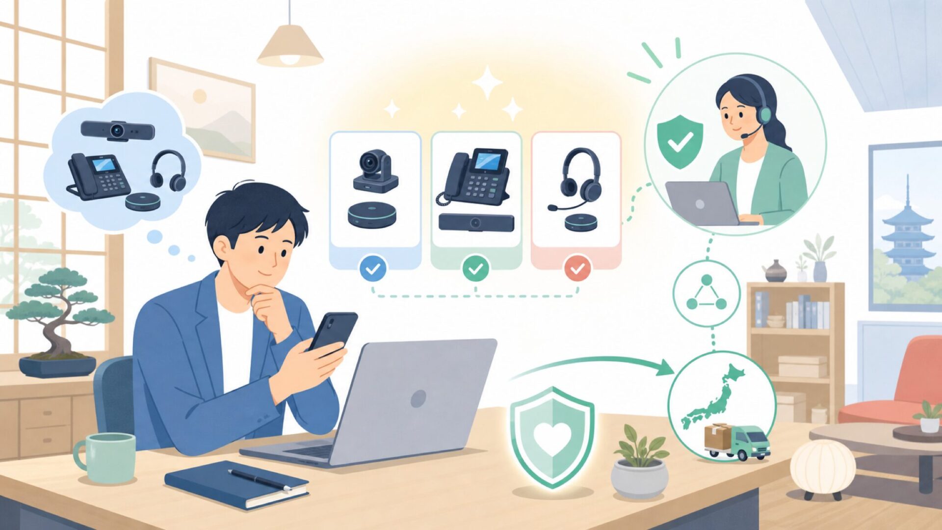 日本でYealink製品を導入するときのサポート体制を表すイラスト
