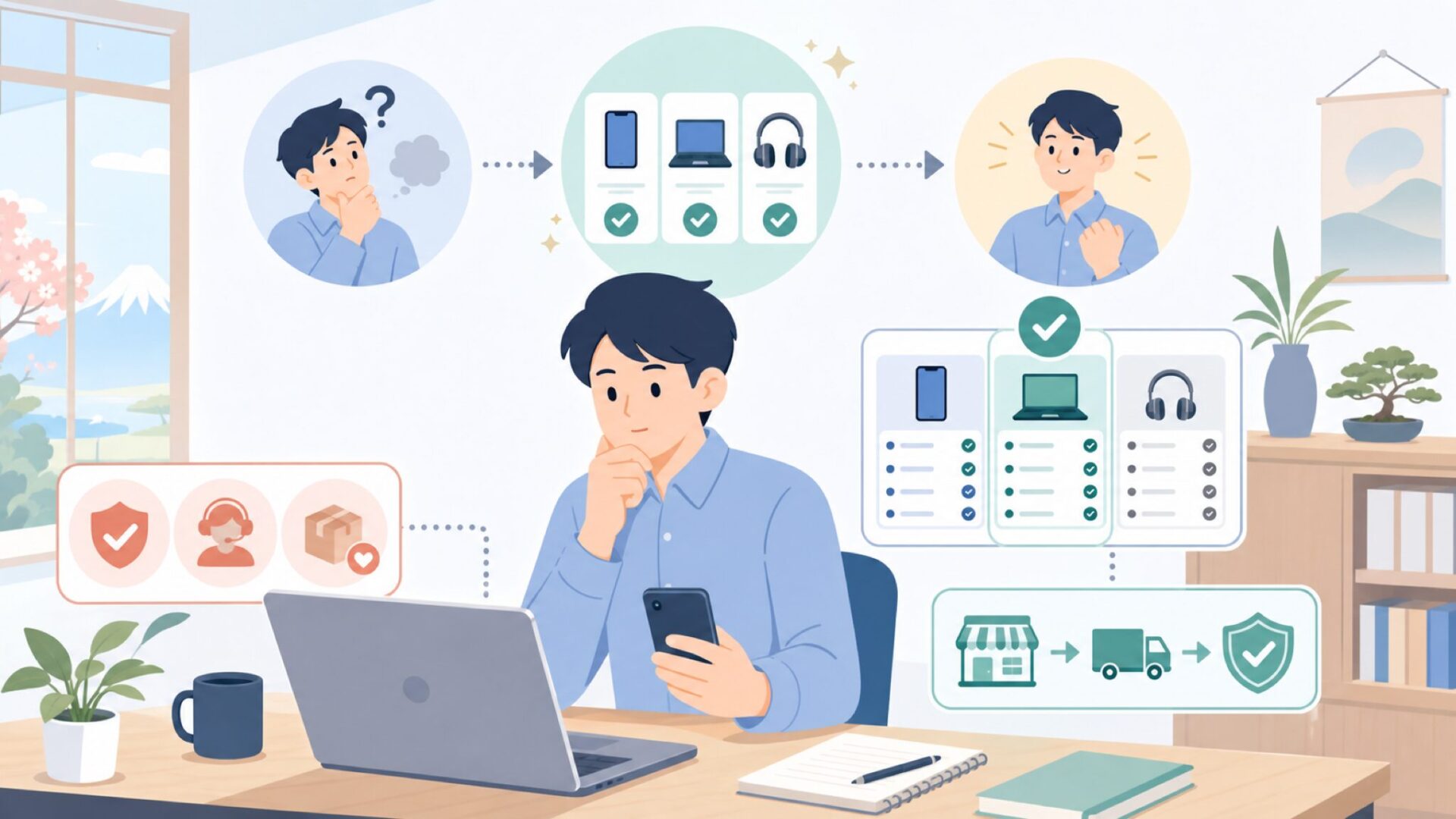 日本での買い方・保証・他ブランドとの位置づけを表すイラスト