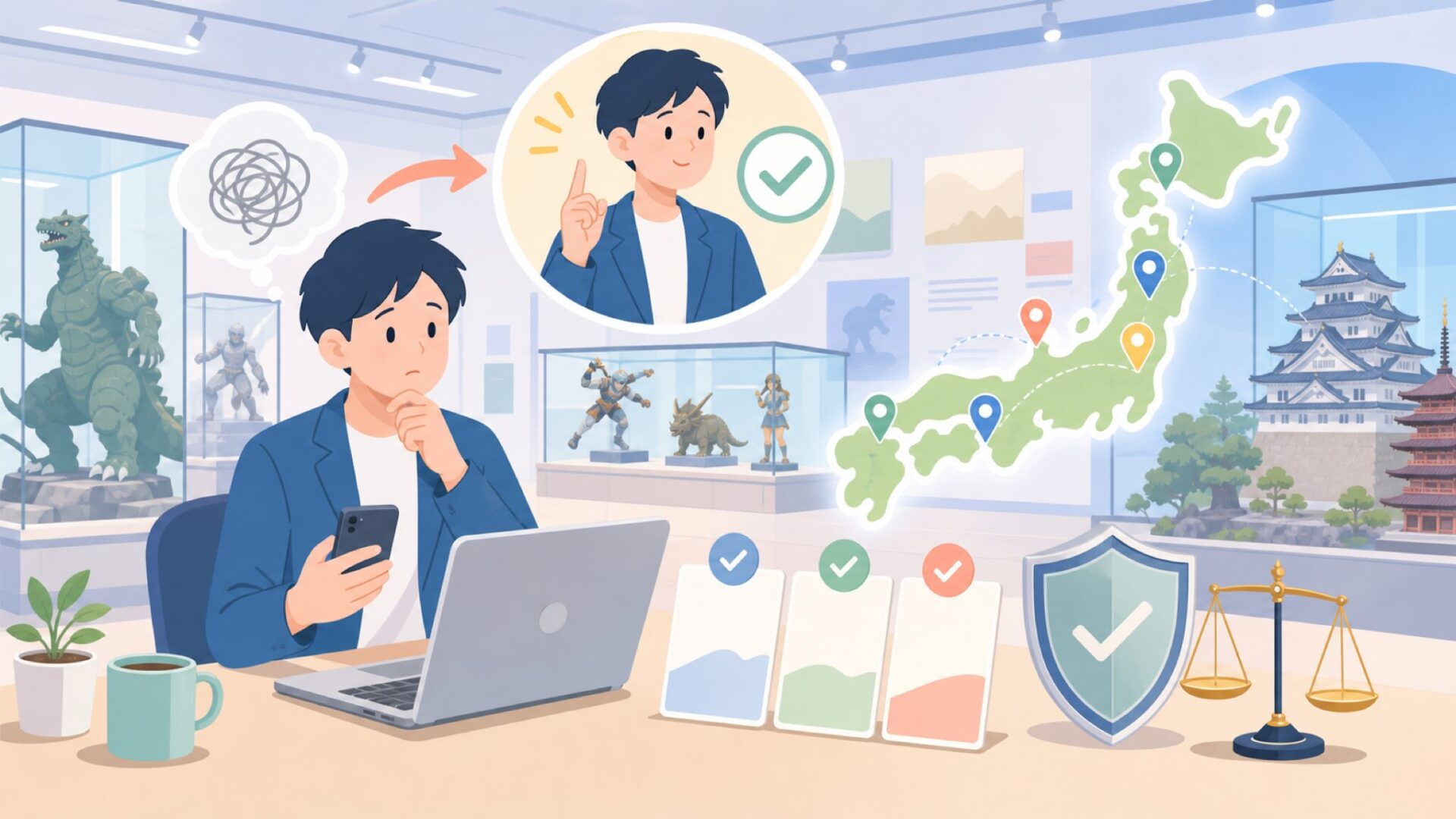 日本国内で海洋堂を体感できる展示施設を表すイラスト