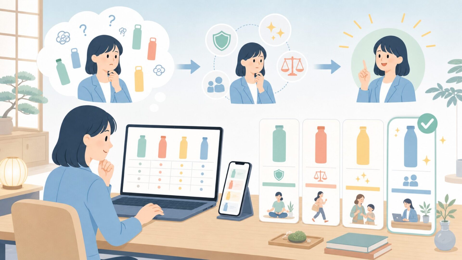 他社ボトルとの違いとLAKENが向いている人を表すイラスト