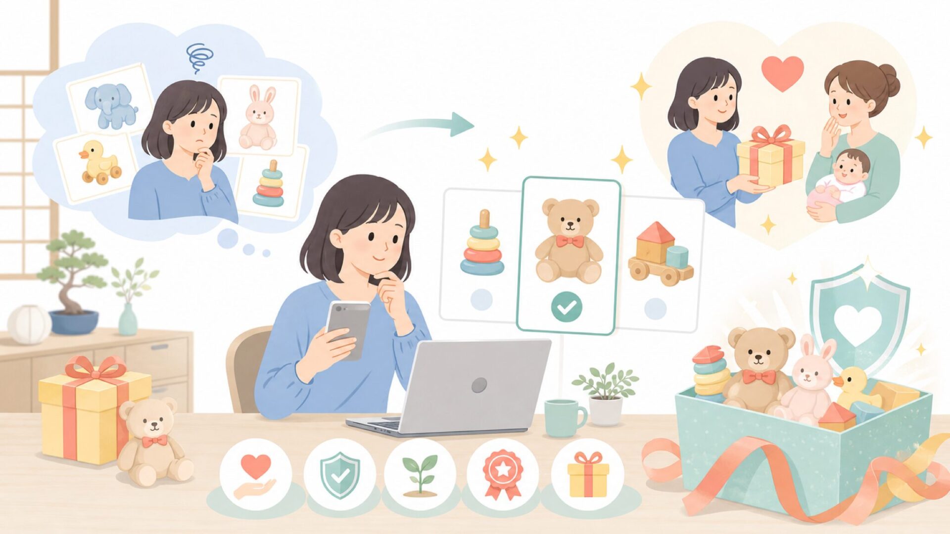 出産祝い・誕生日プレゼントに選ばれ続ける5つの理由を表すイラスト