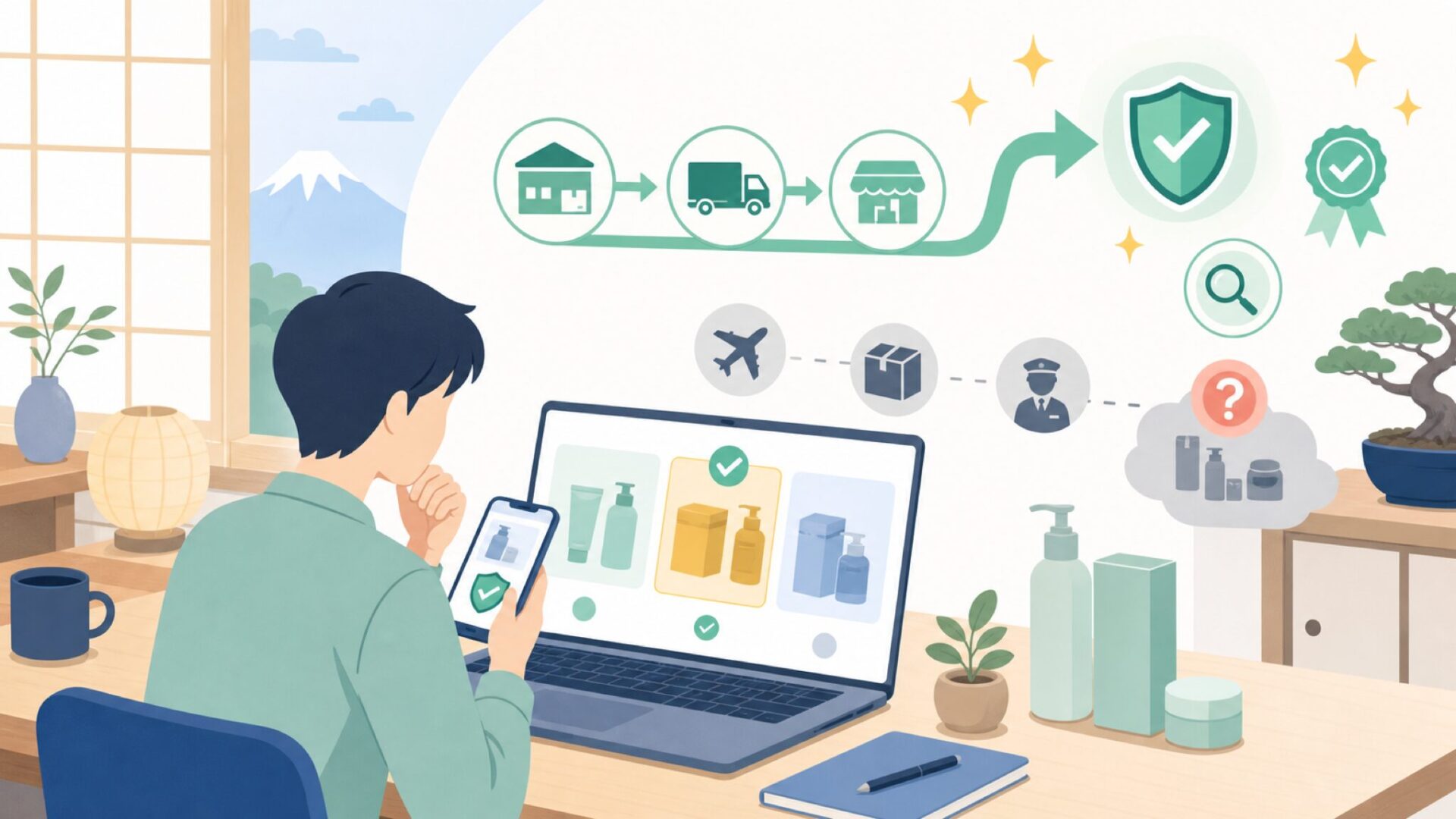日本での入手方法と正規品を見分けるポイントを表すイラスト