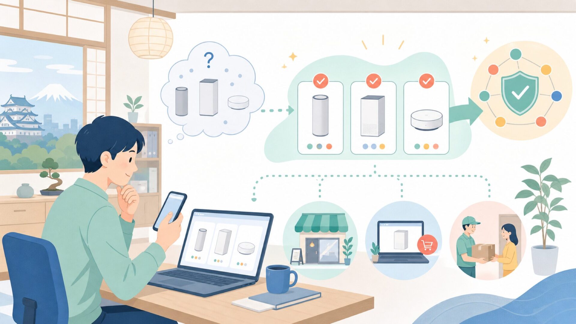 Typhoonの代表商品ラインと日本での入手方法を表すイラスト