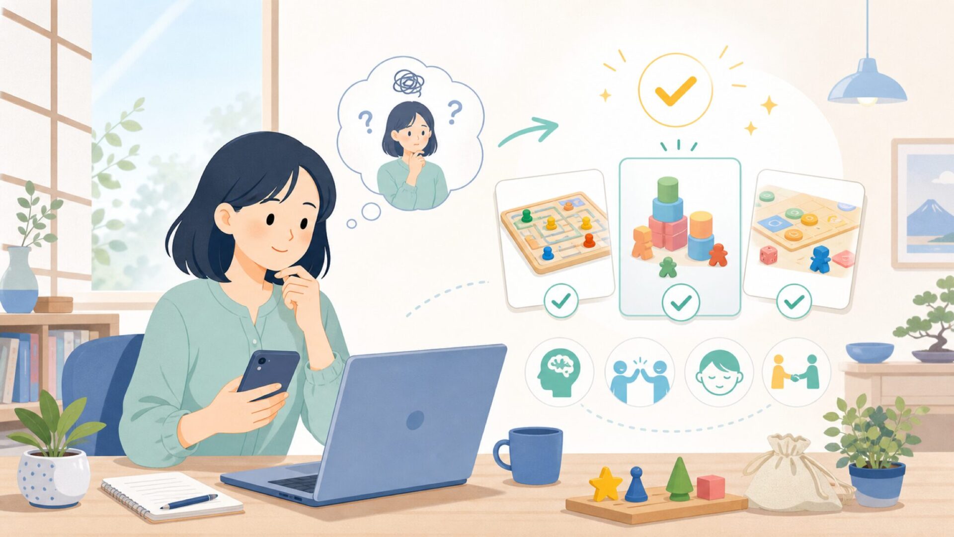 5歳以上の子どもへ — 考える力を楽しく育てるHABAゲームを表すイラスト