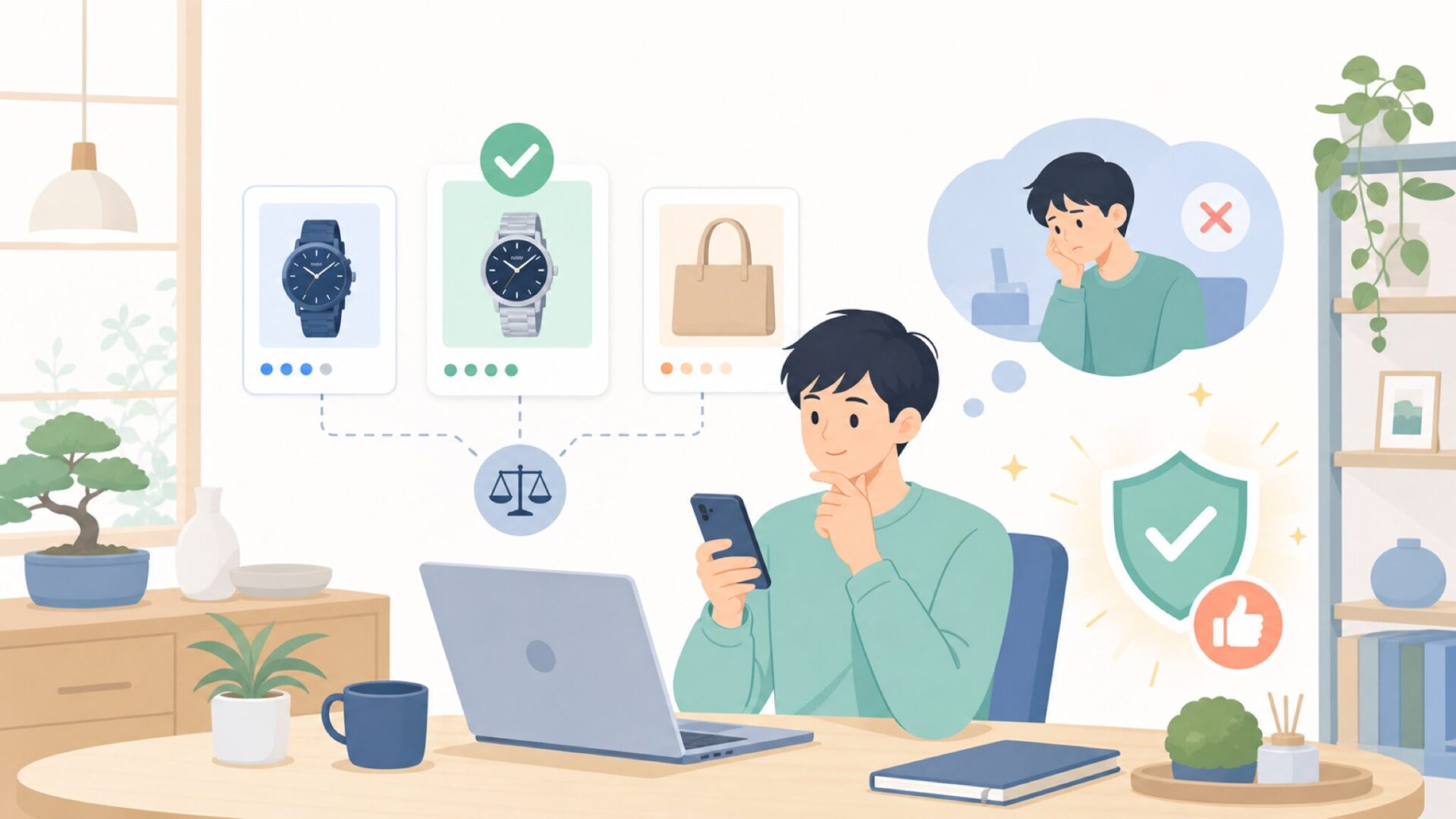 高い買い物で後悔しないための選び方のコツを表すイラスト