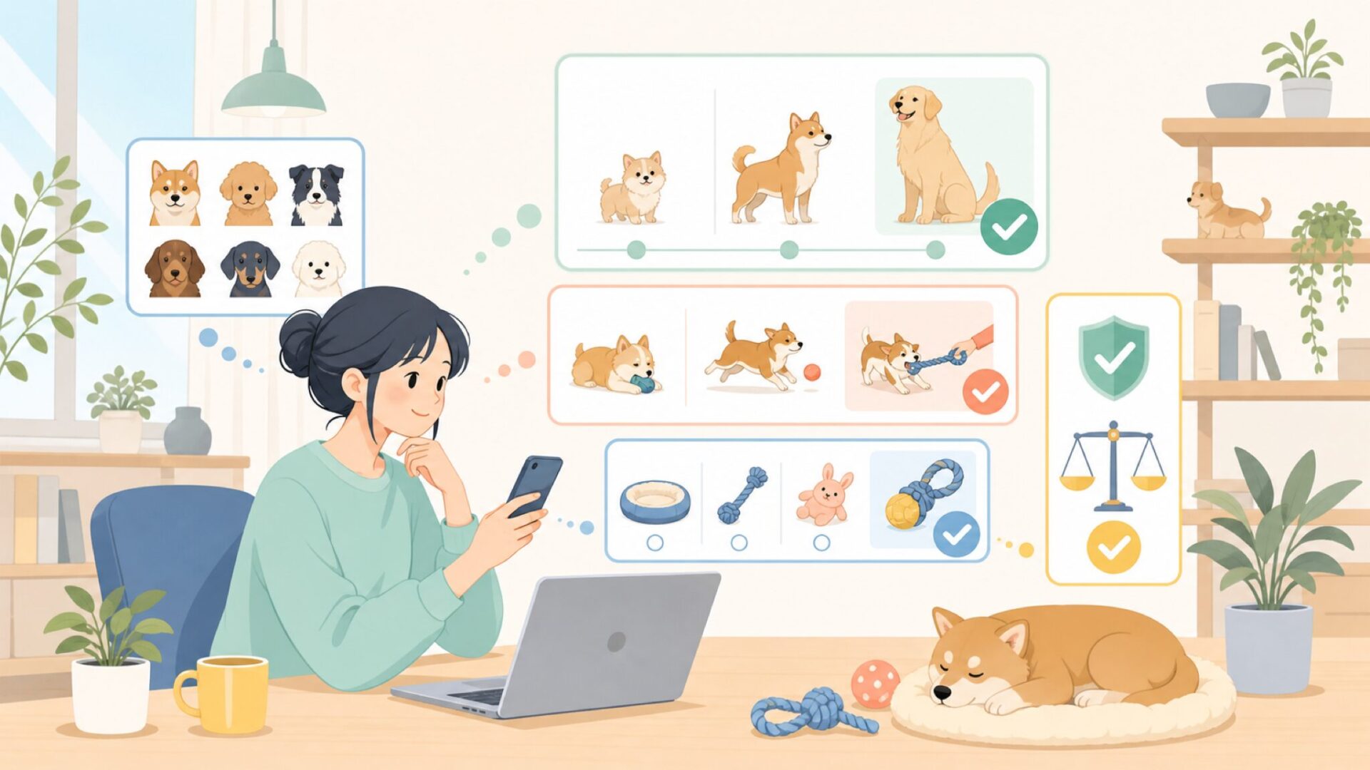 犬種・サイズ・遊び方のタイプ別おすすめガイドを表すイラスト