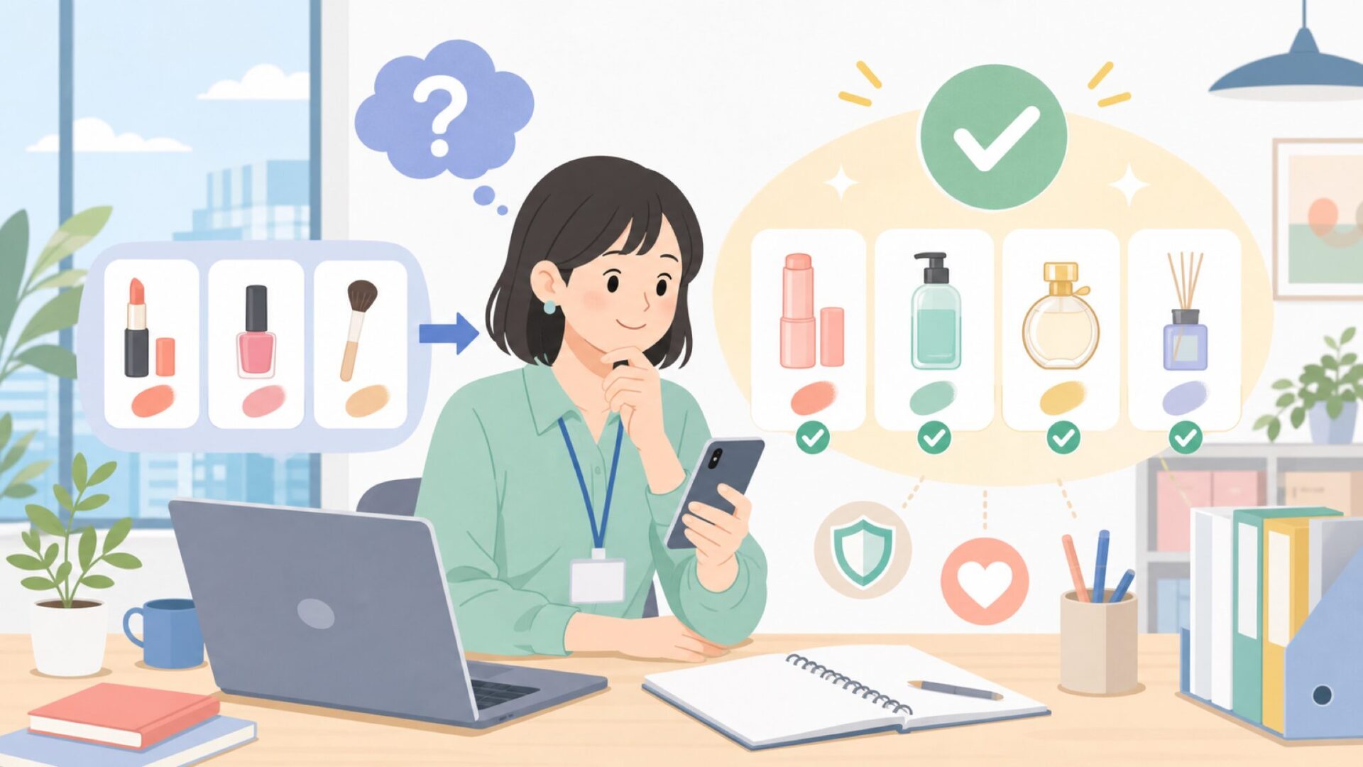 アイシャドウ以外のW7人気アイテムもチェックを表すイラスト