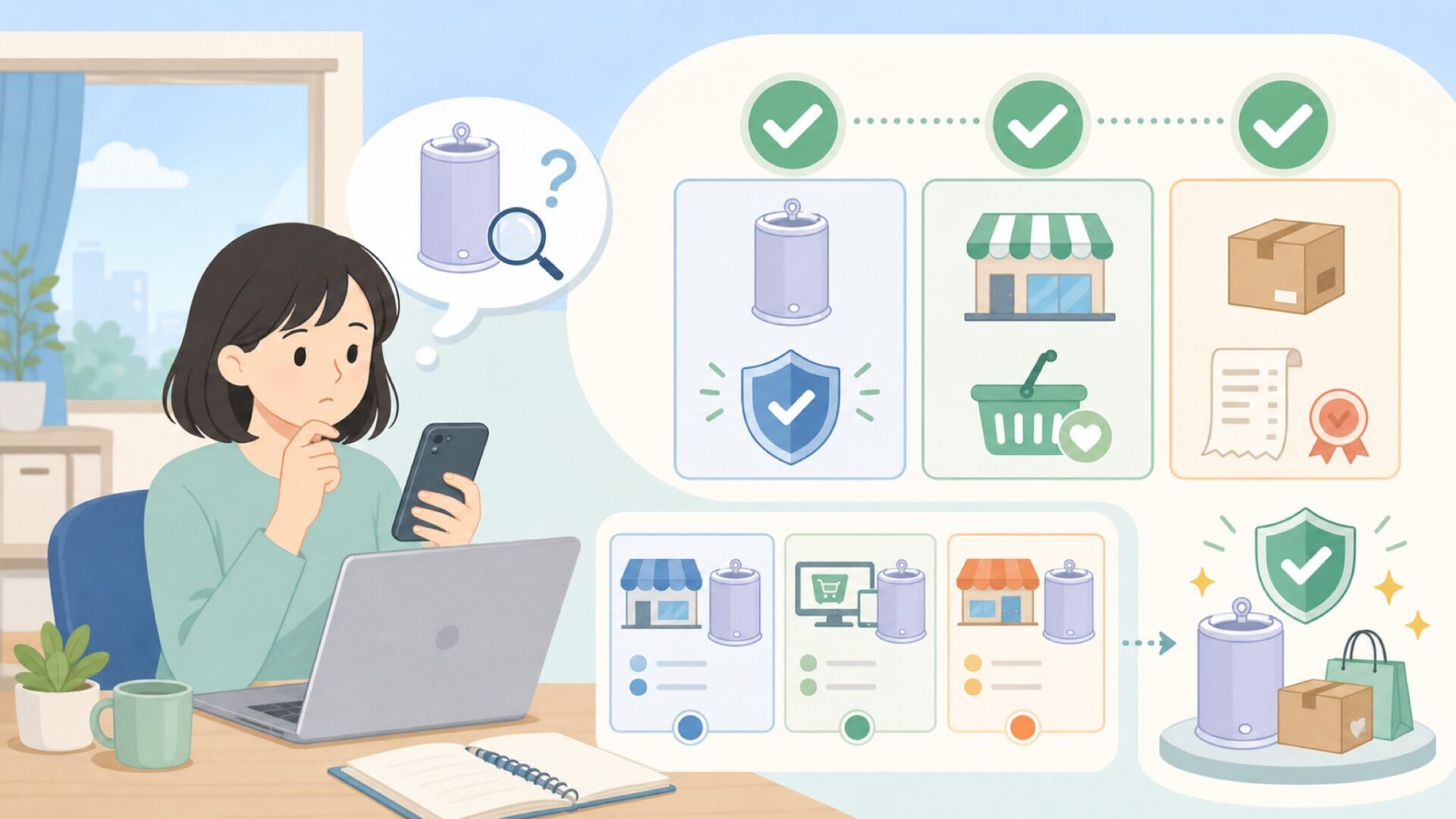 日本でUbbiを買うときに押さえる3つのチェックポイントを表すイラスト