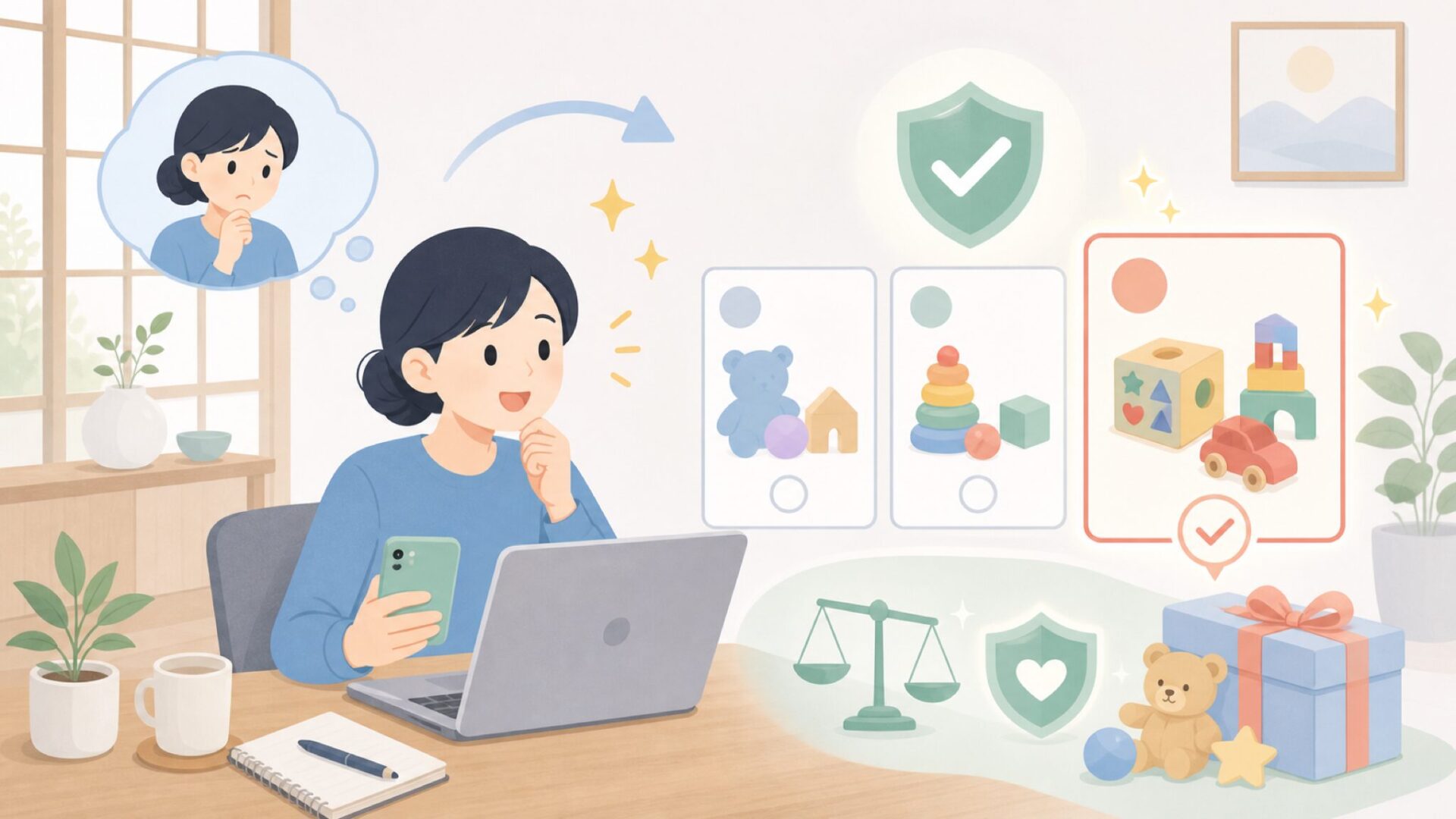 出産祝い・誕生日プレゼントにGalt Toysを選ぶポイントを表すイラスト