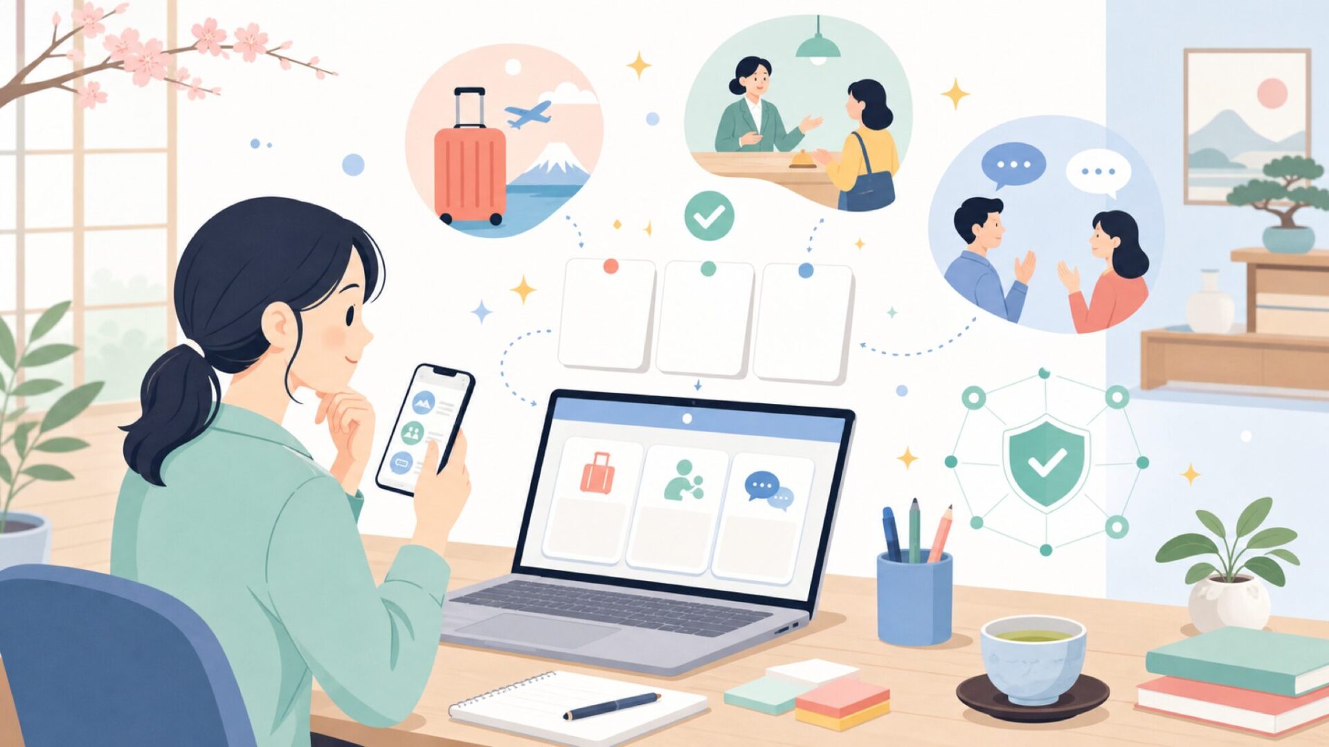 旅行・接客・英会話レッスン ── シーン別フレーズ早見表を表すイラスト
