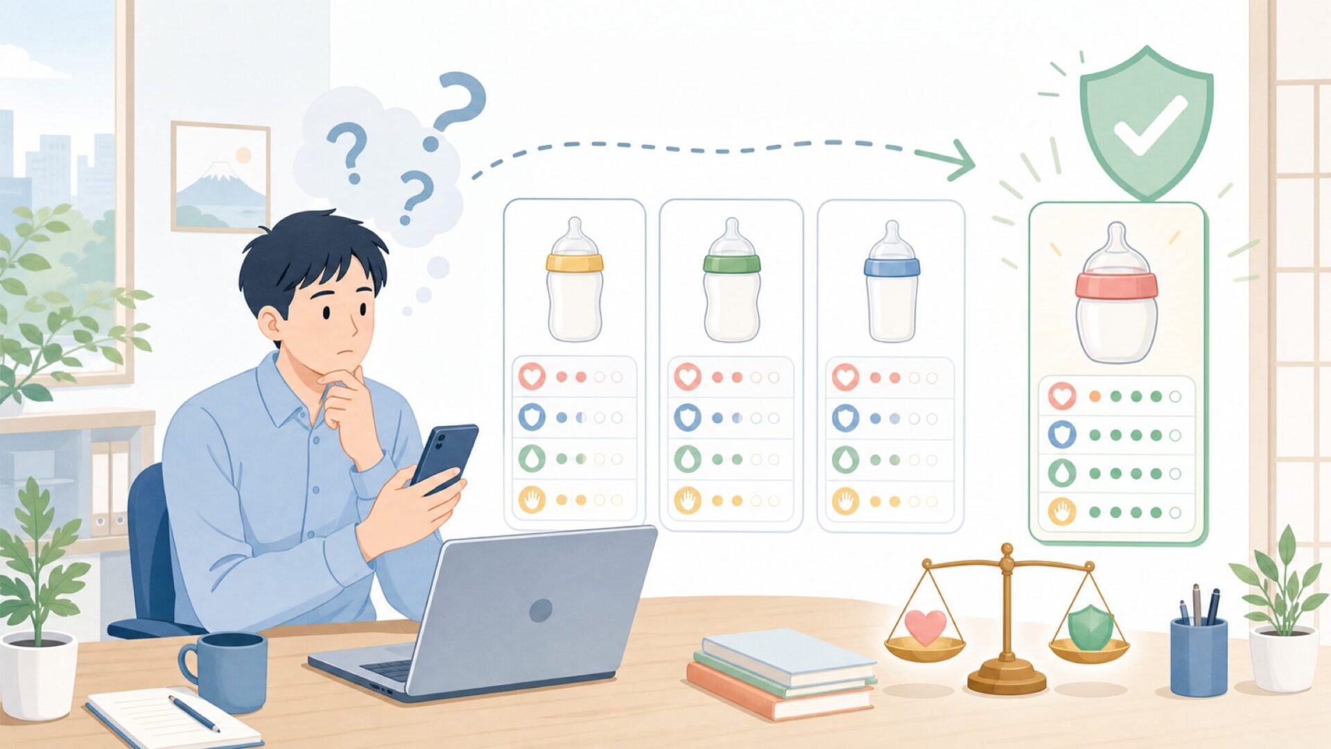 他の哺乳瓶と比較して分かるComotomoの選択基準を表すイラスト