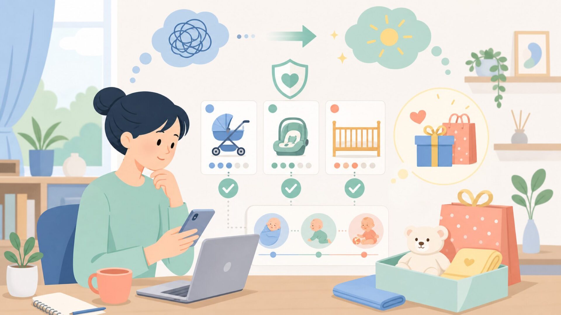 出産祝いや自宅用に選ぶ際のポイントを表すイラスト