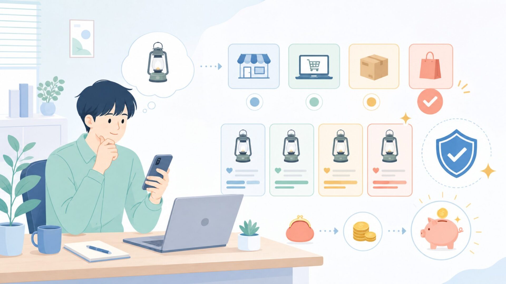 VASTLANDはどこで買える？賢い購入チャネルと節約テクニックを表すイラスト