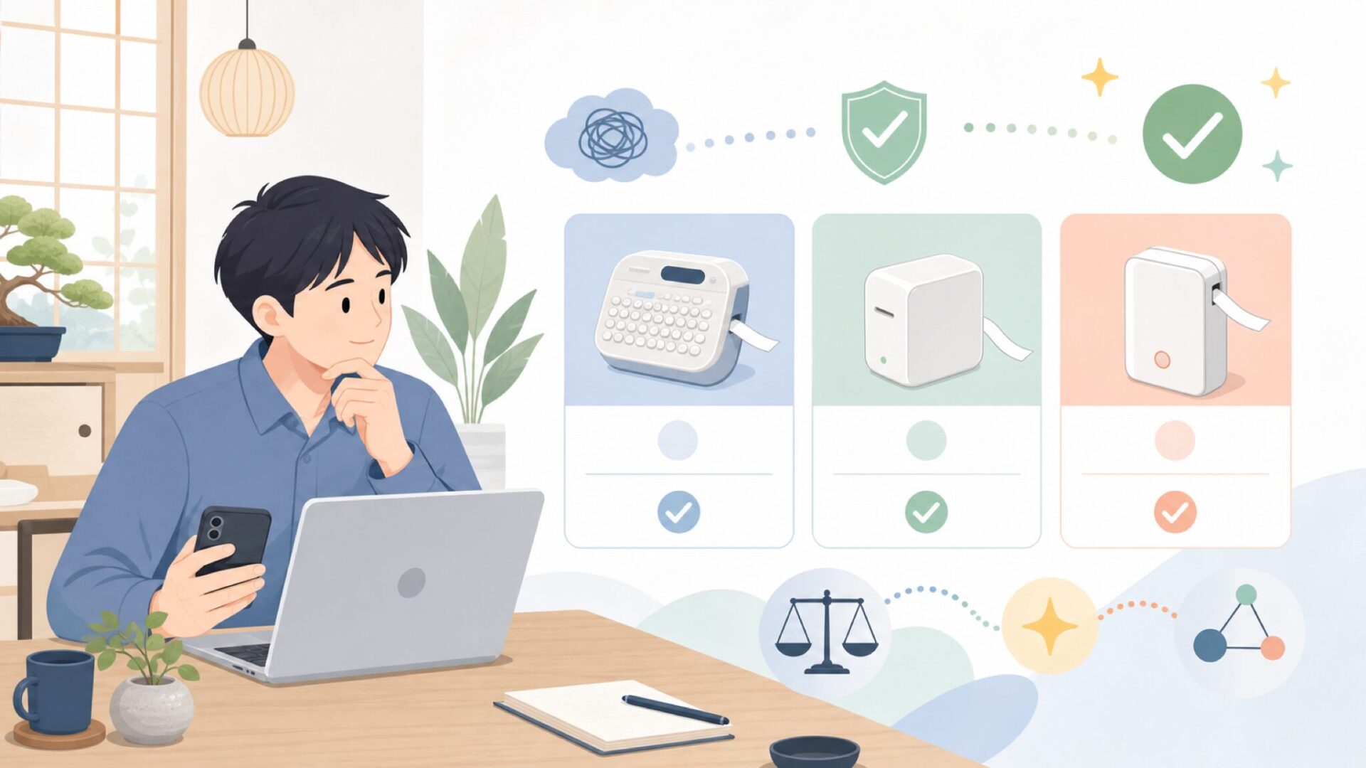 テプラ・Phomemoと並べて比較——Niimbotを選ぶ理由は何かを表すイラスト