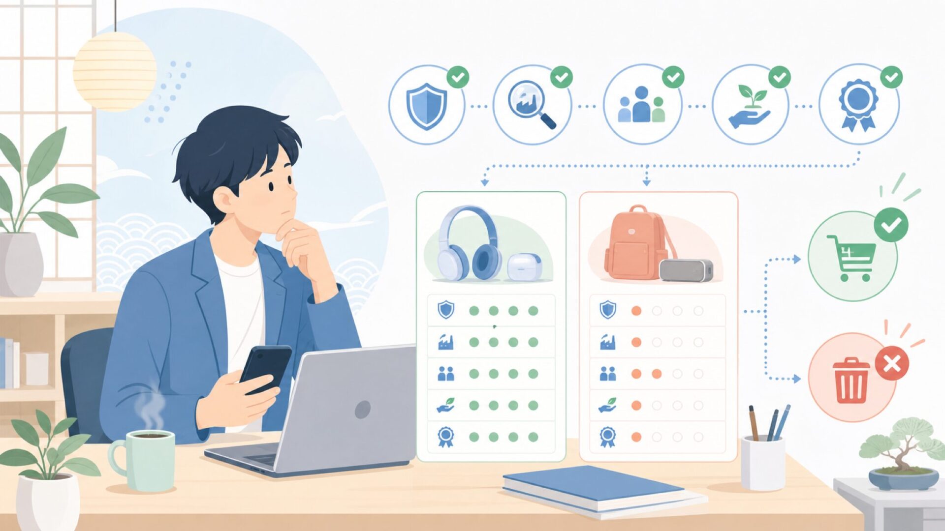 中国ブランドを賢く選ぶ5つのチェックポイントを表すイラスト