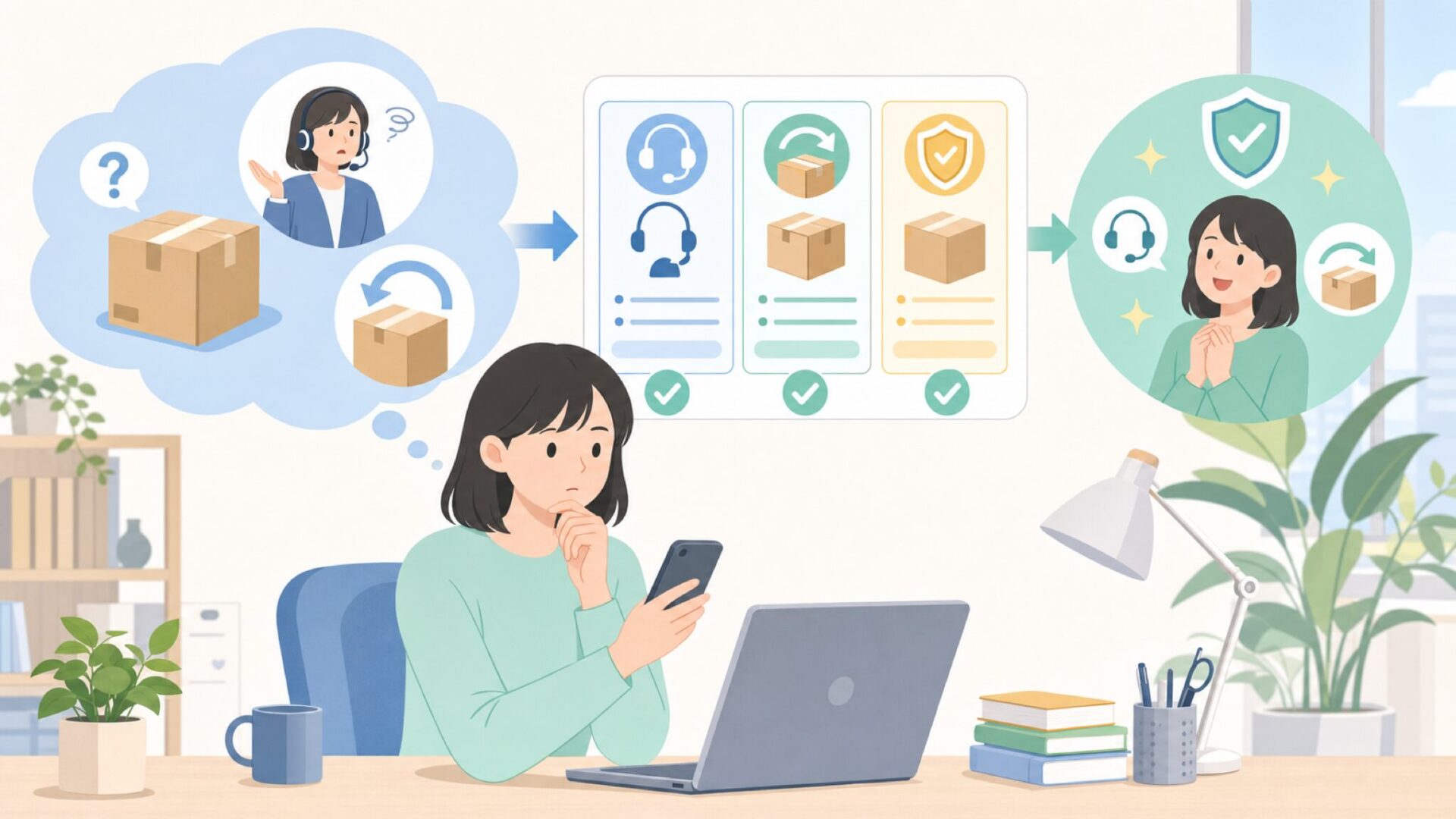 購入前に確認したいアフターサービスと返品対応を表すイラスト