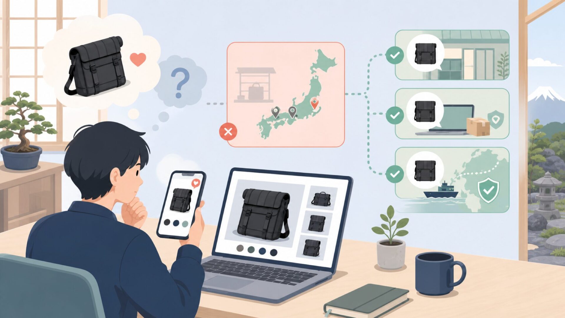 日本でMission Workshopを購入する方法を表すイラスト