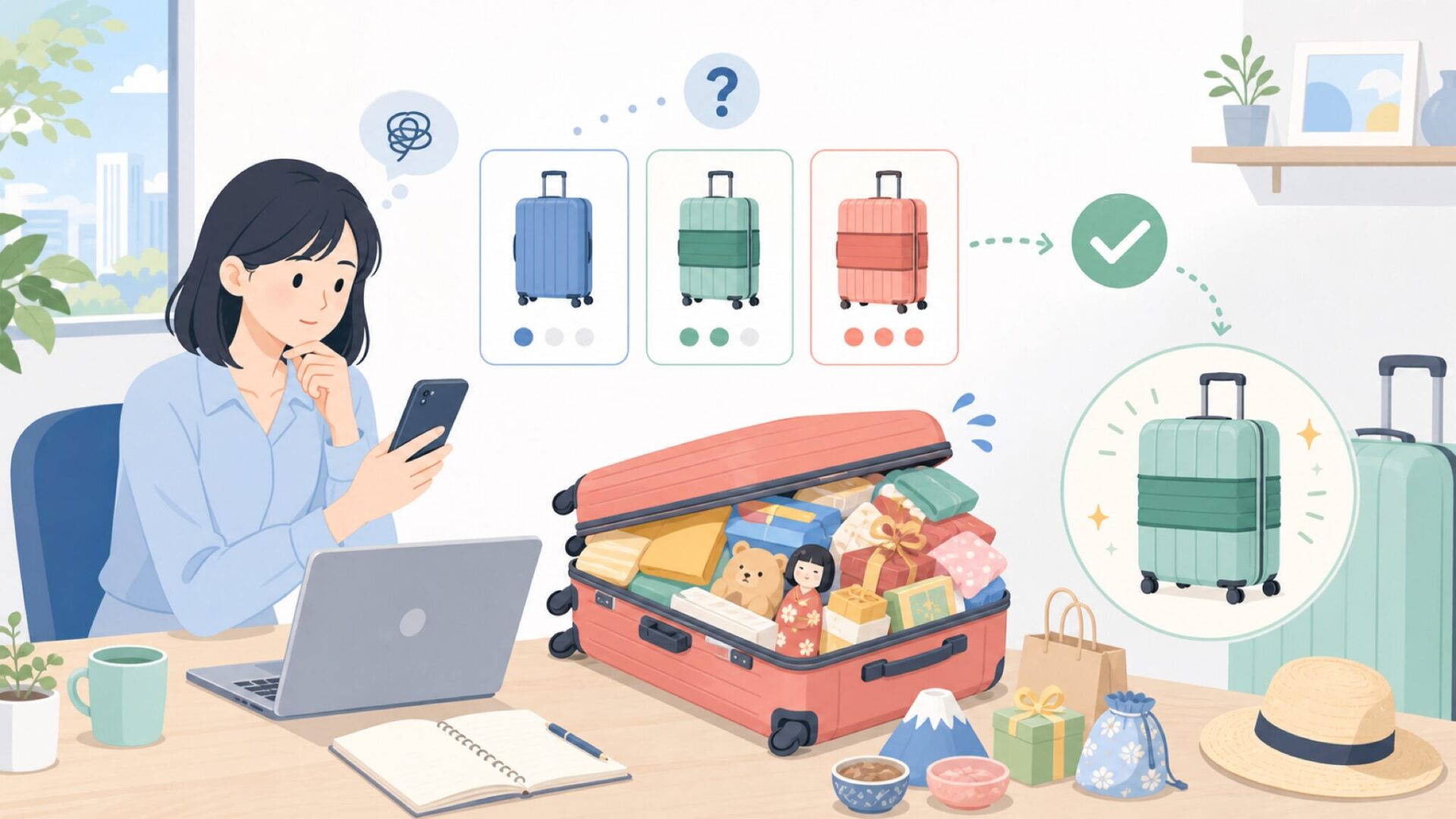 OutStyle拡張システムが解決する「帰りの荷物問題」を表すイラスト