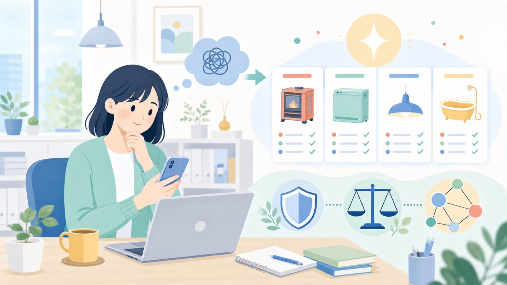 ComHomaの製品ラインナップと企業概要を表すイラスト