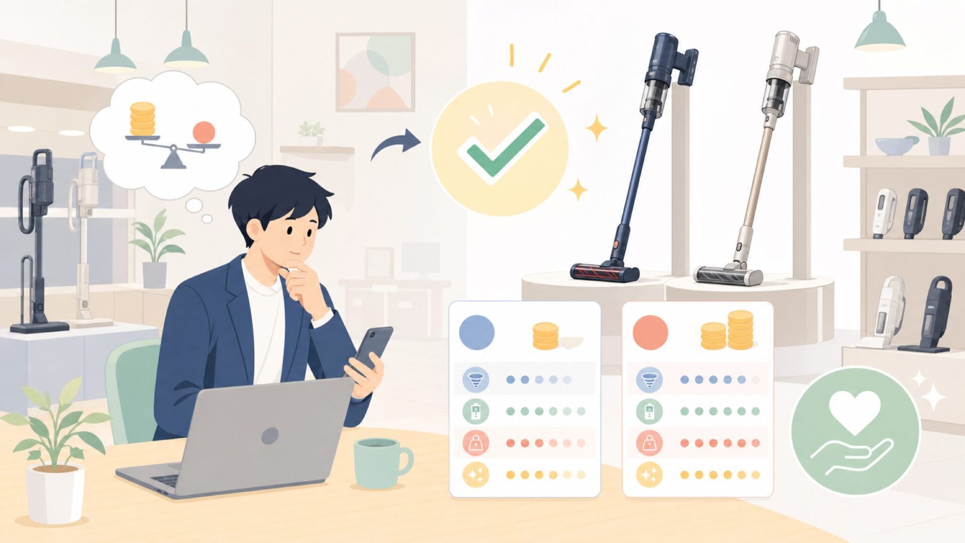 ダイソンとの本音比較——3万円の差は価値があるか？を表すイラスト
