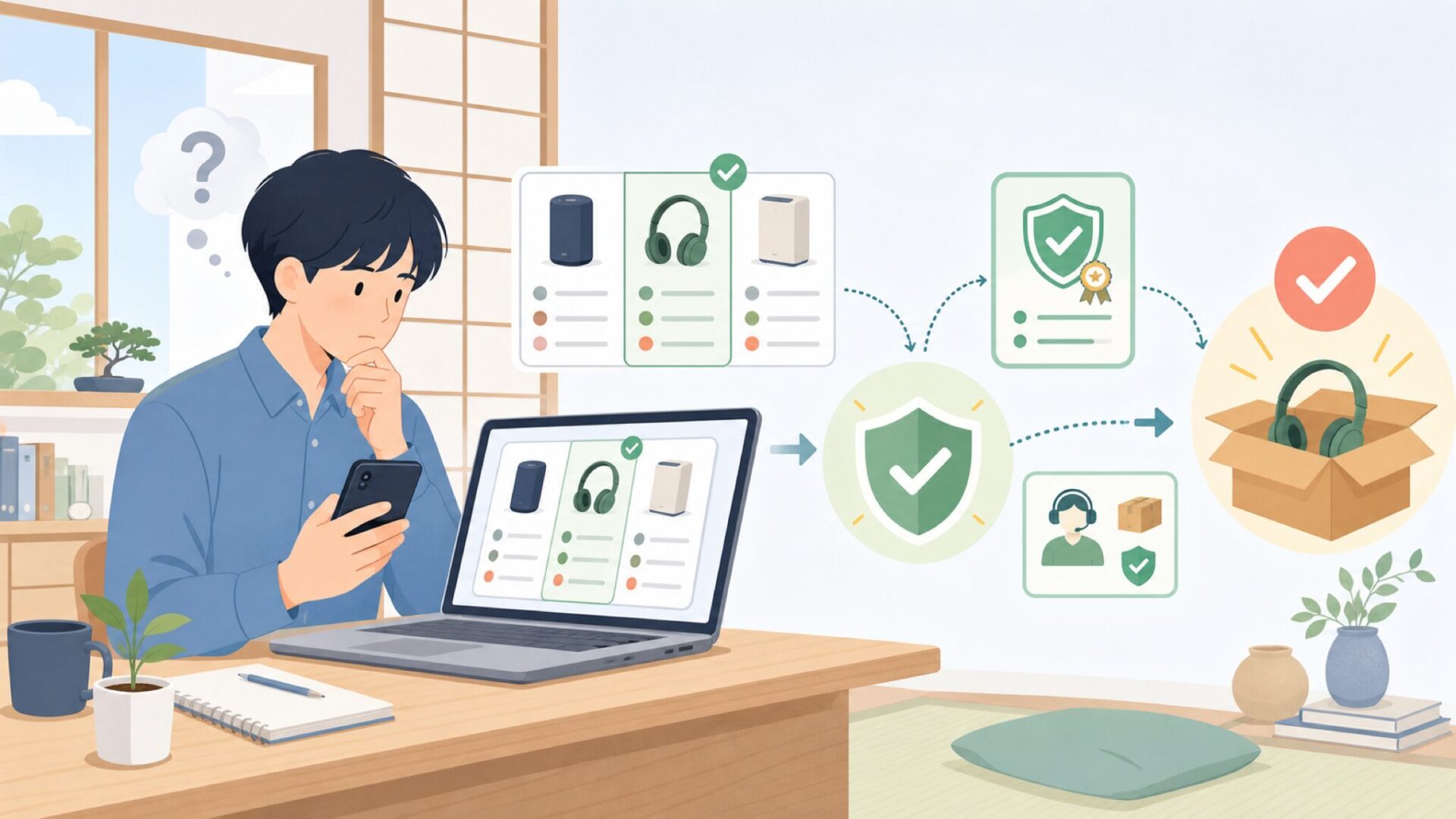 ハズレを引かないための購入前チェックと保証確認を表すイラスト
