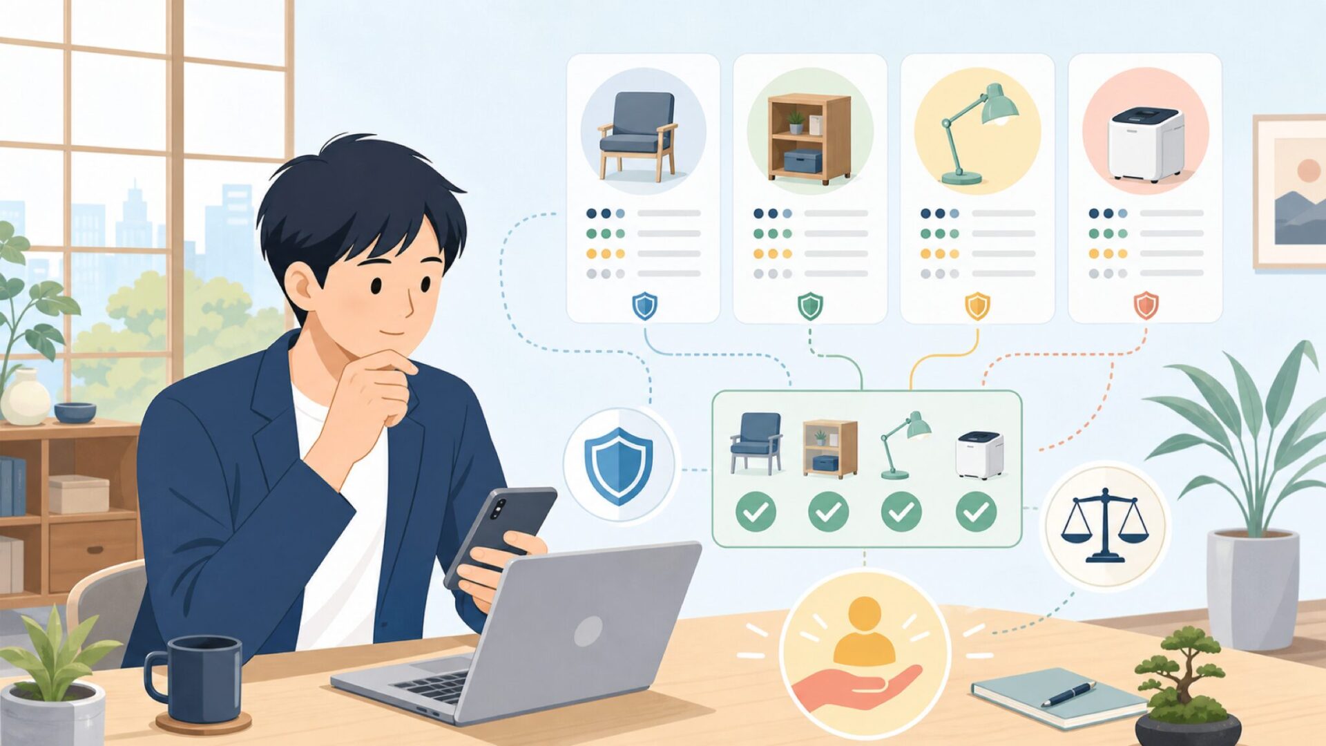 HOMCOMと比べたい同価格帯の家具・家電ブランドを表すイラスト
