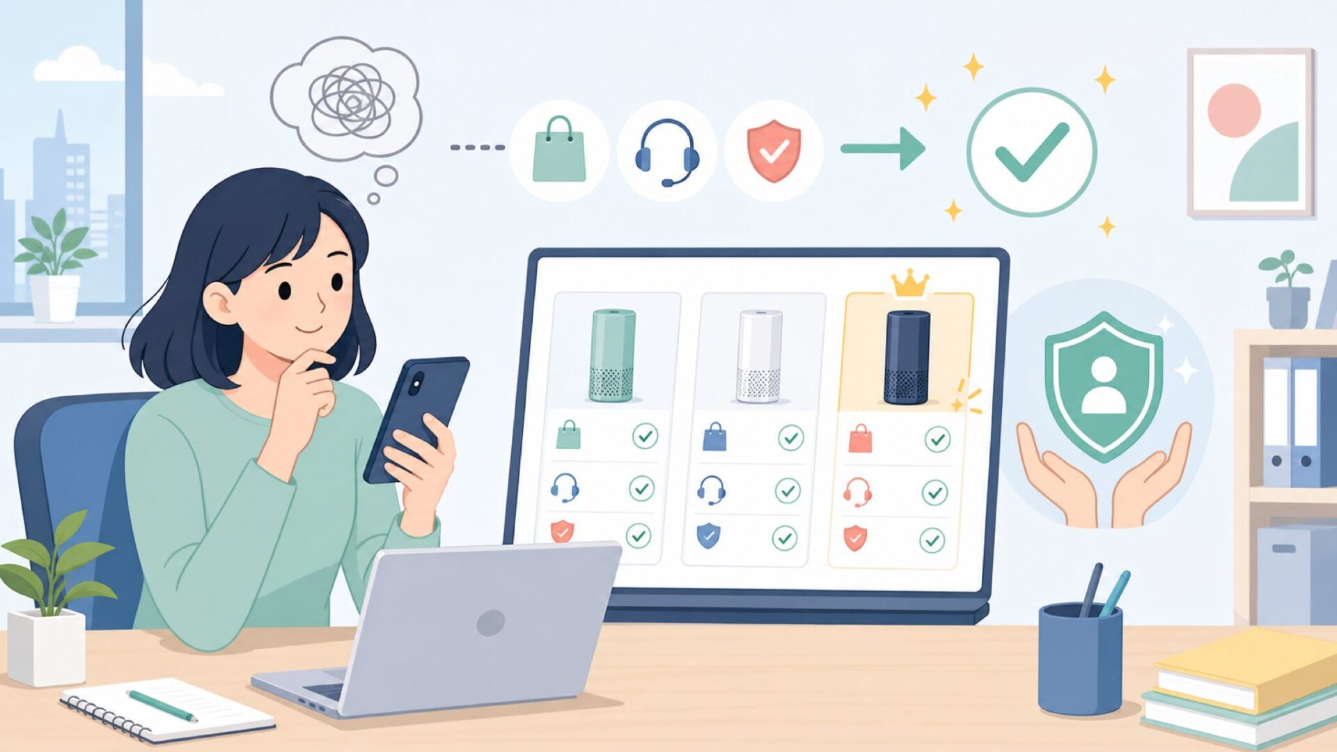 Airversaをどこで買うのが正解か——購入環境と保証内容を確認を表すイラスト