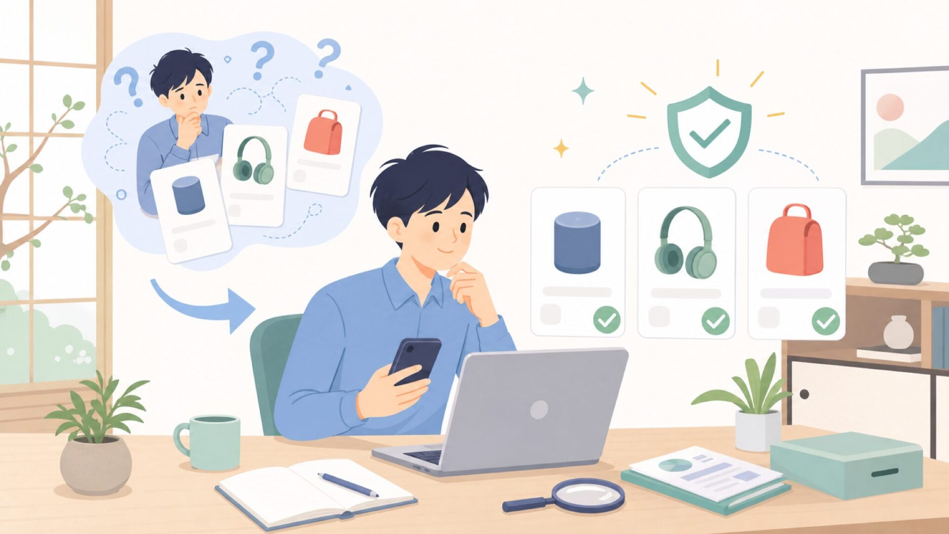 購入前に確認したい信頼性チェックと購入ガイドを表すイラスト