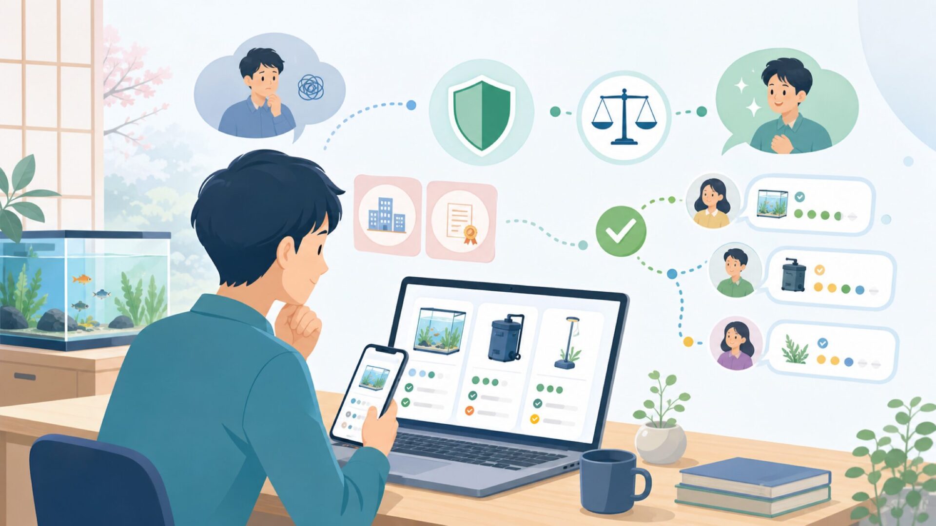 日本のアクアリウムユーザーの評判と信頼性の実態を表すイラスト