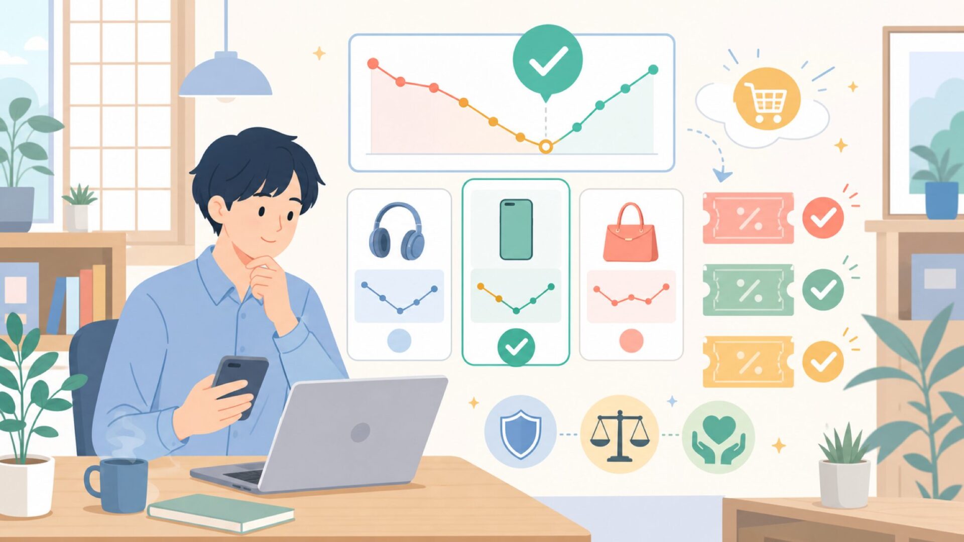 価格の動き方と「買い時」——セールとコスパを最大化するコツを表すイラスト