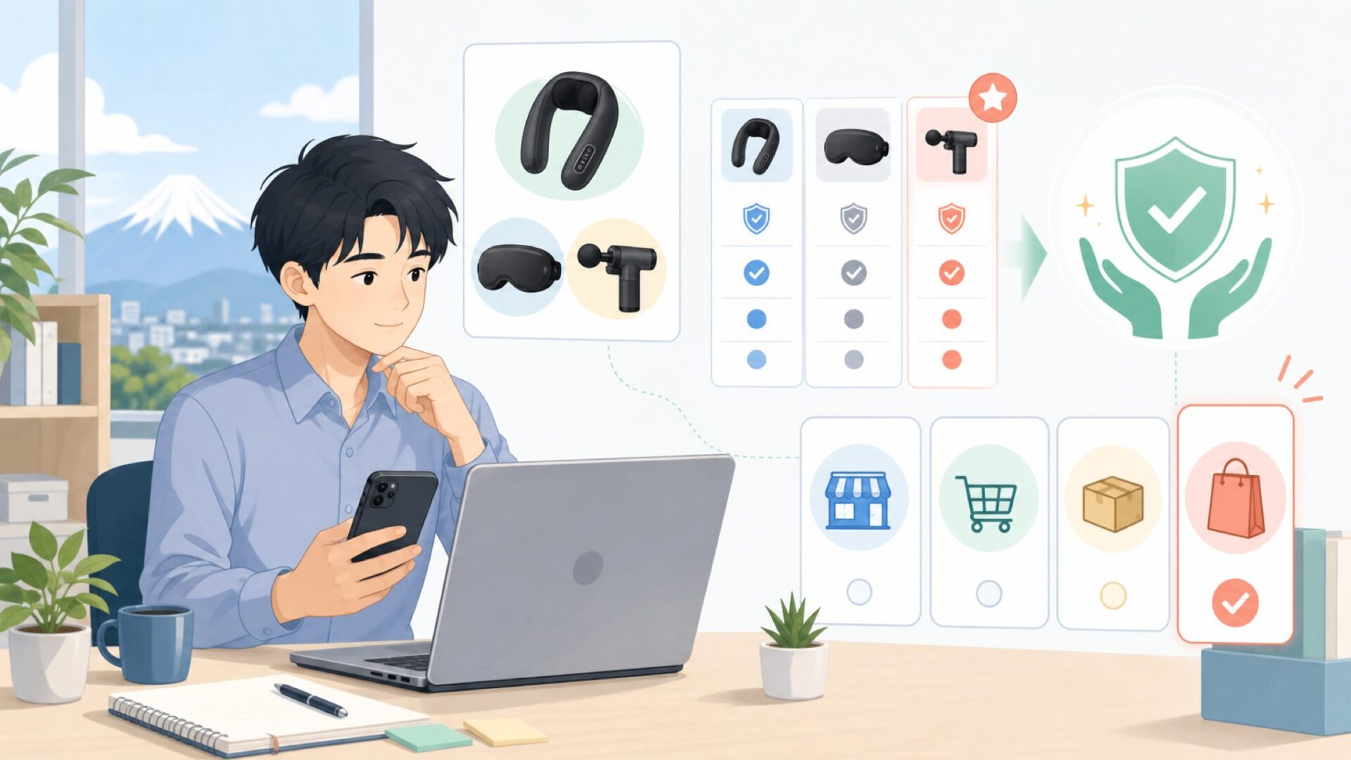日本でYabanoを安心して買える購入先と選び方を表すイラスト