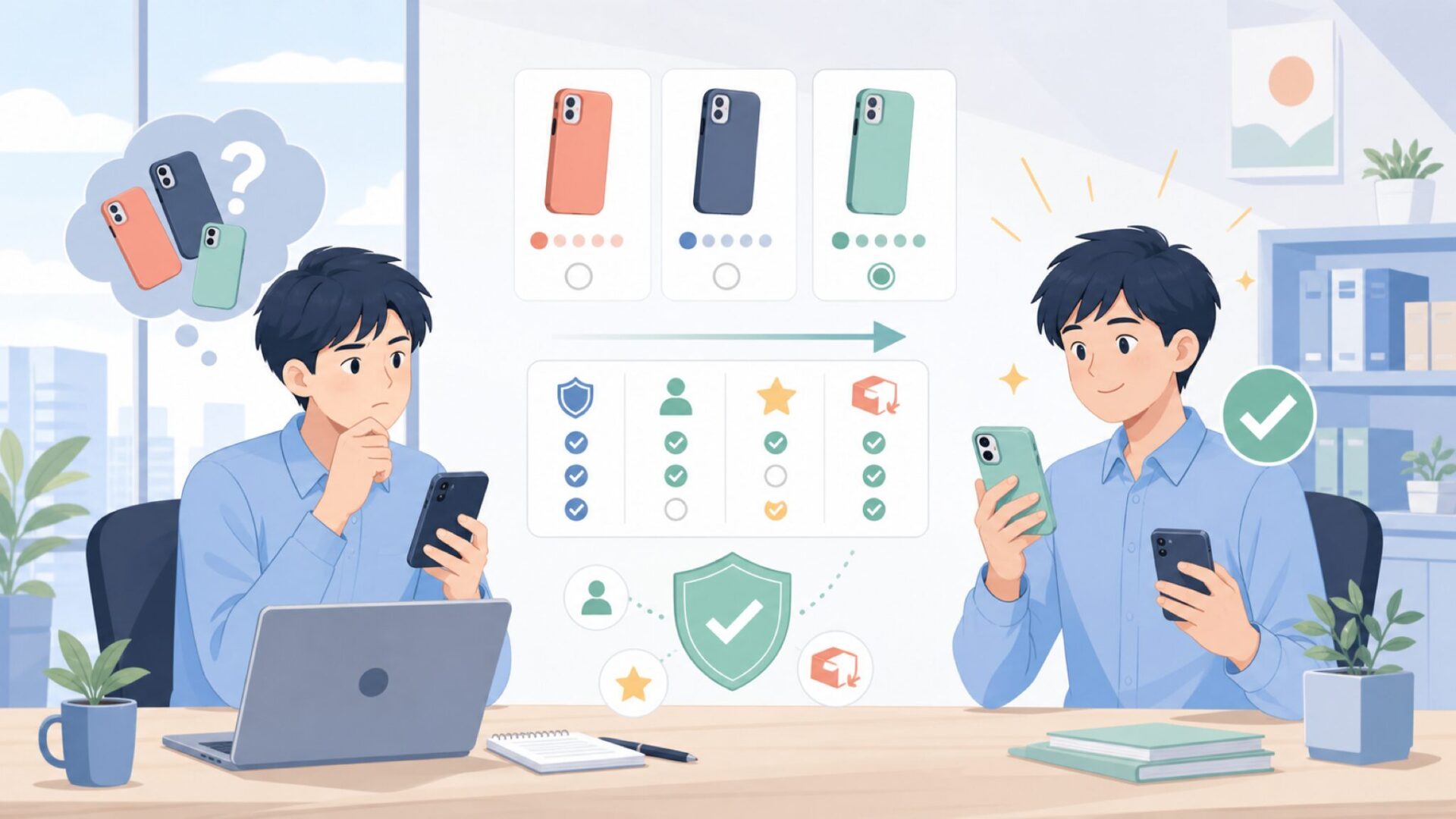 「謎ブランド」で失敗しないスマホケースの選び方を表すイラスト