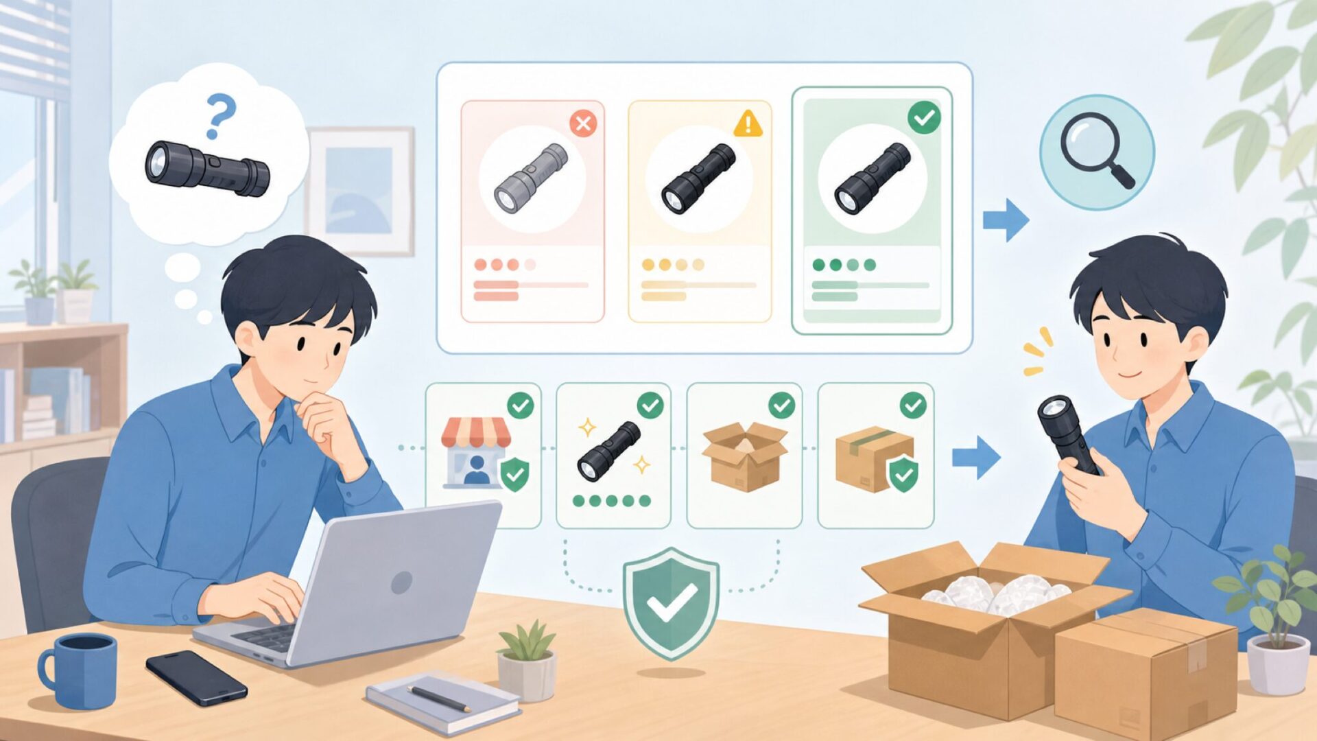 MankerをAmazonや楽天で安全に購入するためのチェックポイントを表すイラスト
