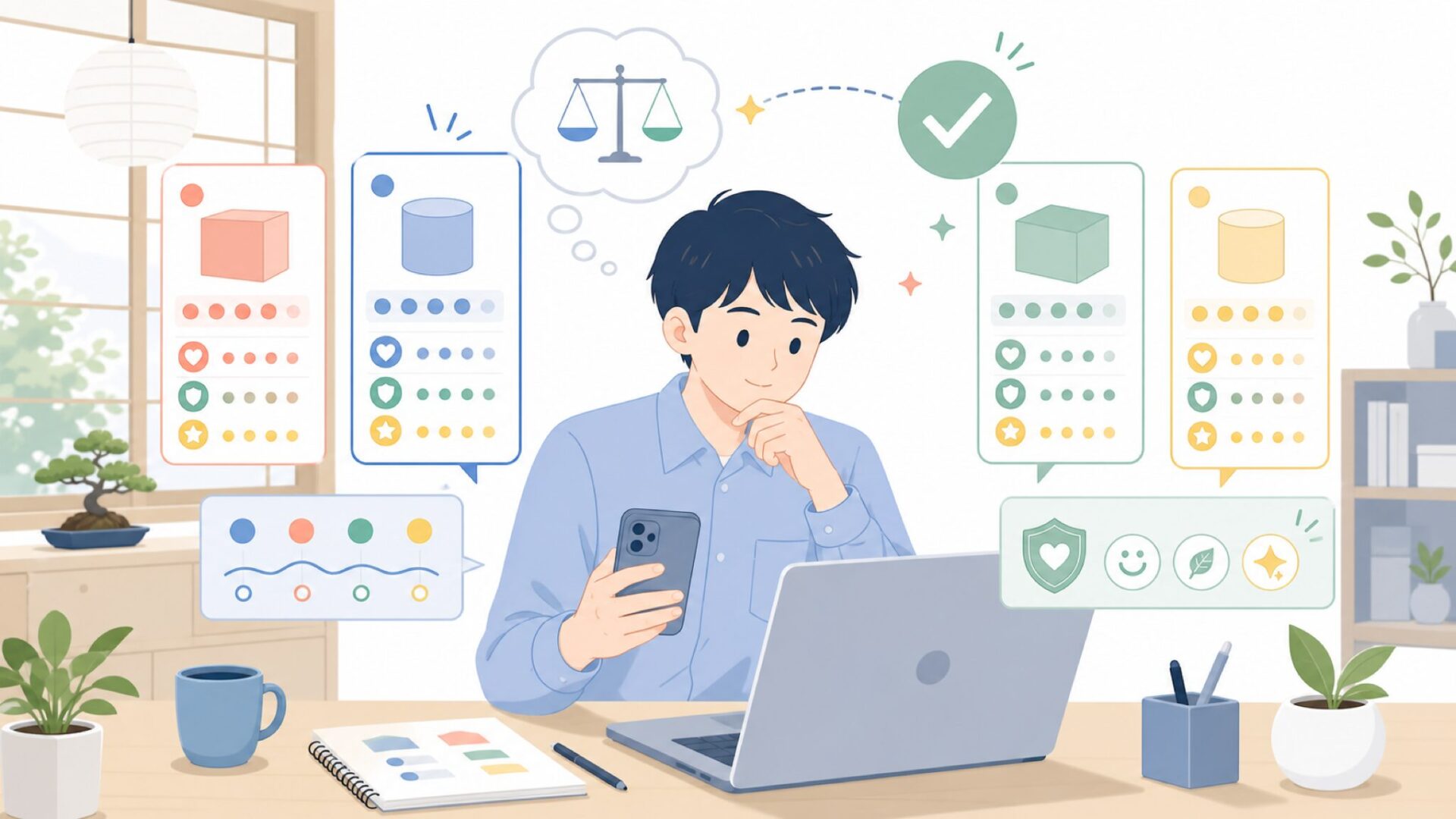 同価格帯の競合ブランドと比較して選ぶを表すイラスト