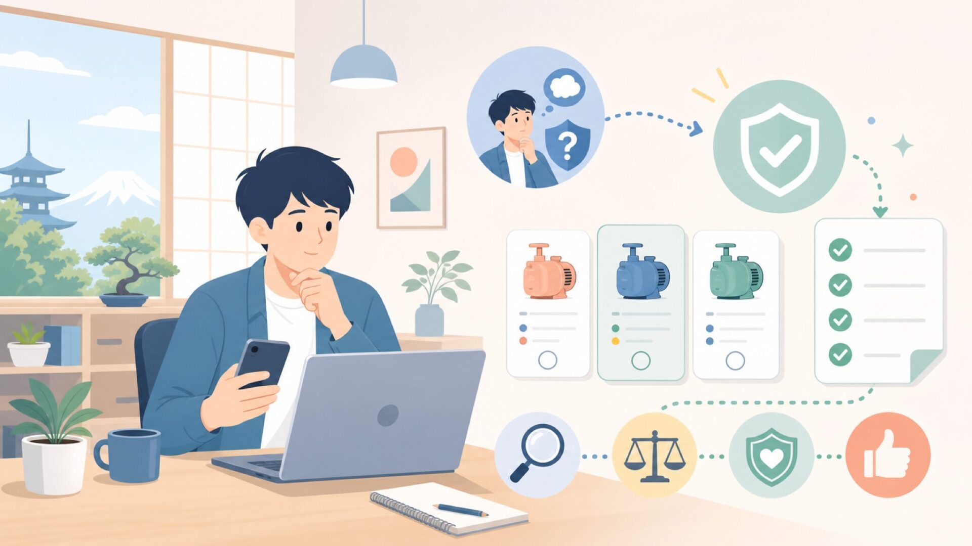 TeraPumpは本当に信頼できるか？購入前の最終チェックを表すイラスト