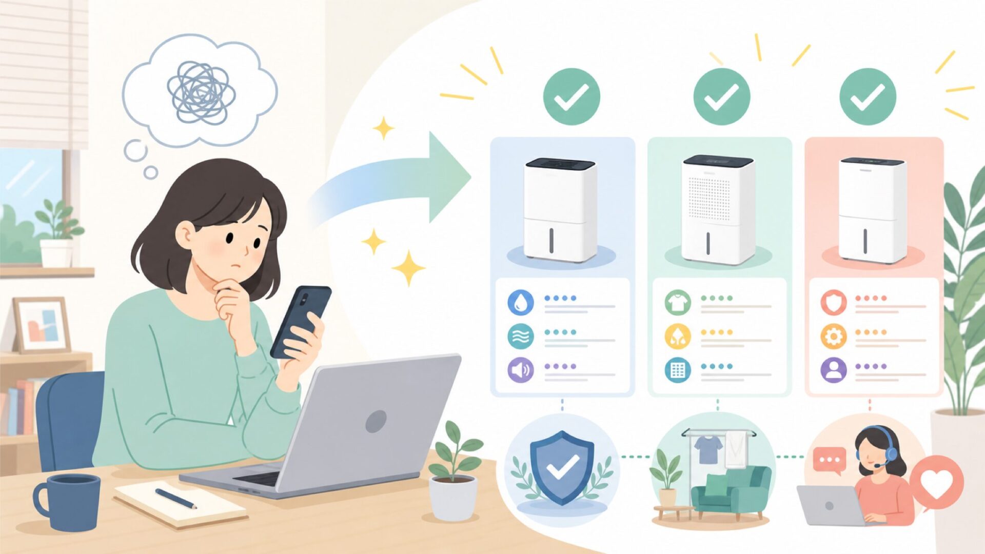 Waykar除湿機を選ぶ前に確認したい3つのポイントを表すイラスト