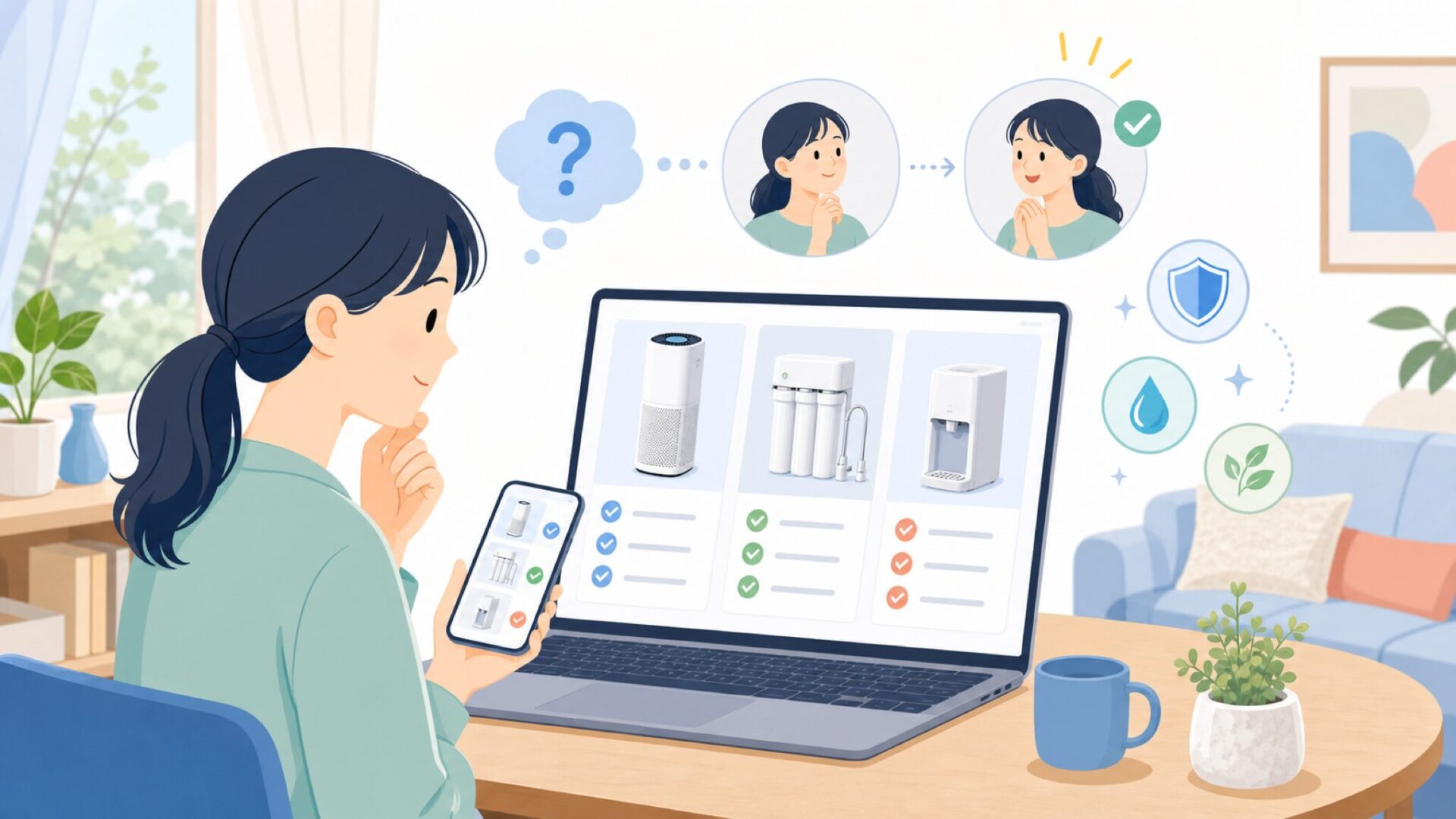 自分に合うのはどれ？Coway製品の選び方ガイドを表すイラスト