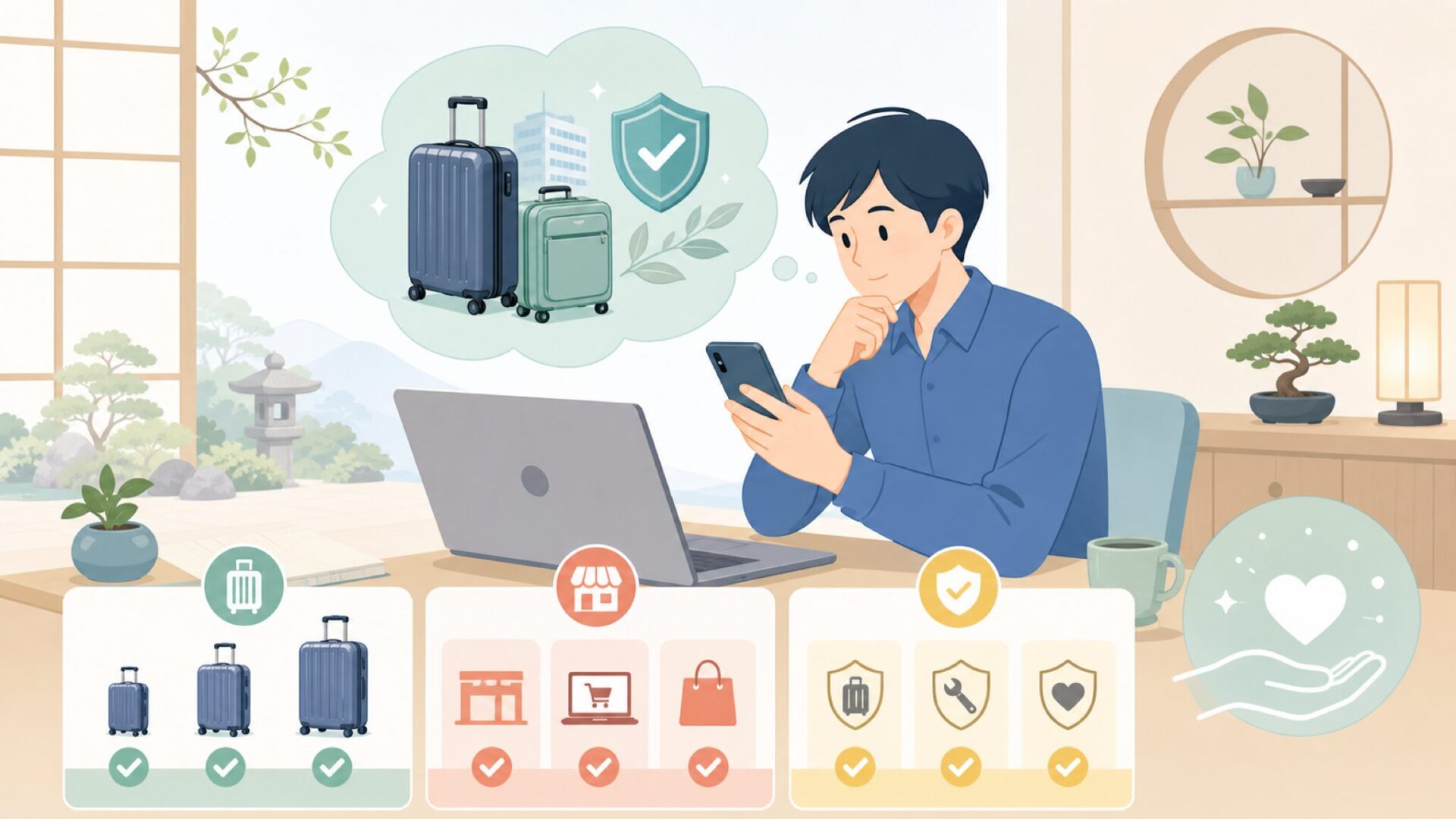 ACEスーツケースを購入する前に確認したいことを表すイラスト