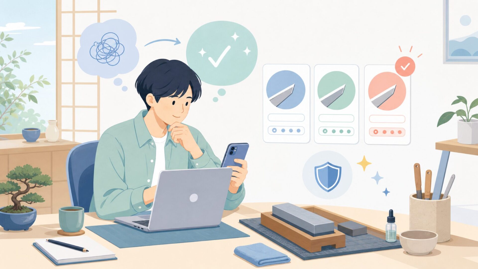 購入後のメンテナンス—刃研ぎの基本と心構えを表すイラスト