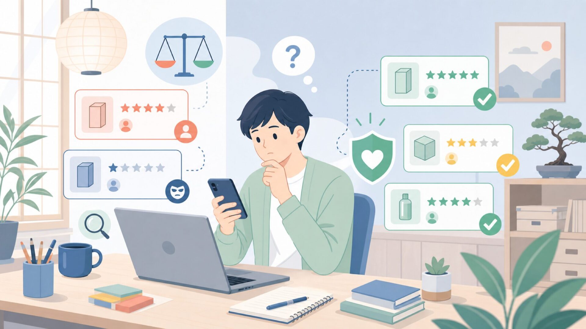 Amazonレビューは本当に信用できる?サクラ疑惑を検証するを表すイラスト