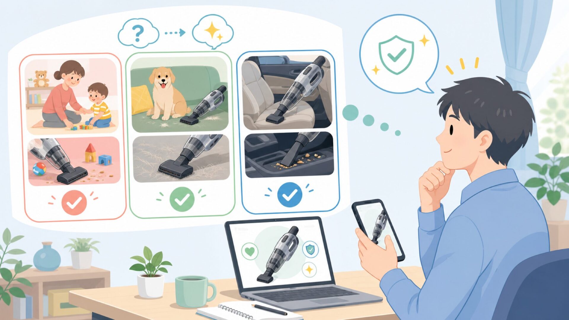 子育て・ペット・車内まで｜用途別の得意と不得意を表すイラスト