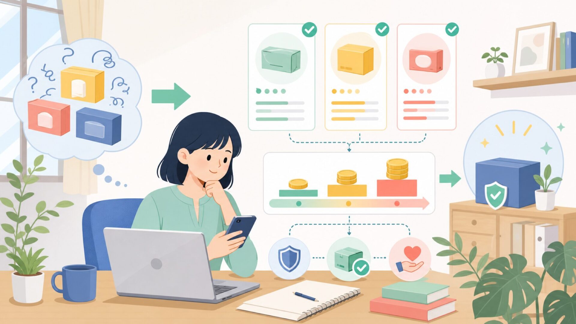 日本での買い方・価格帯・失敗しない選び方を表すイラスト