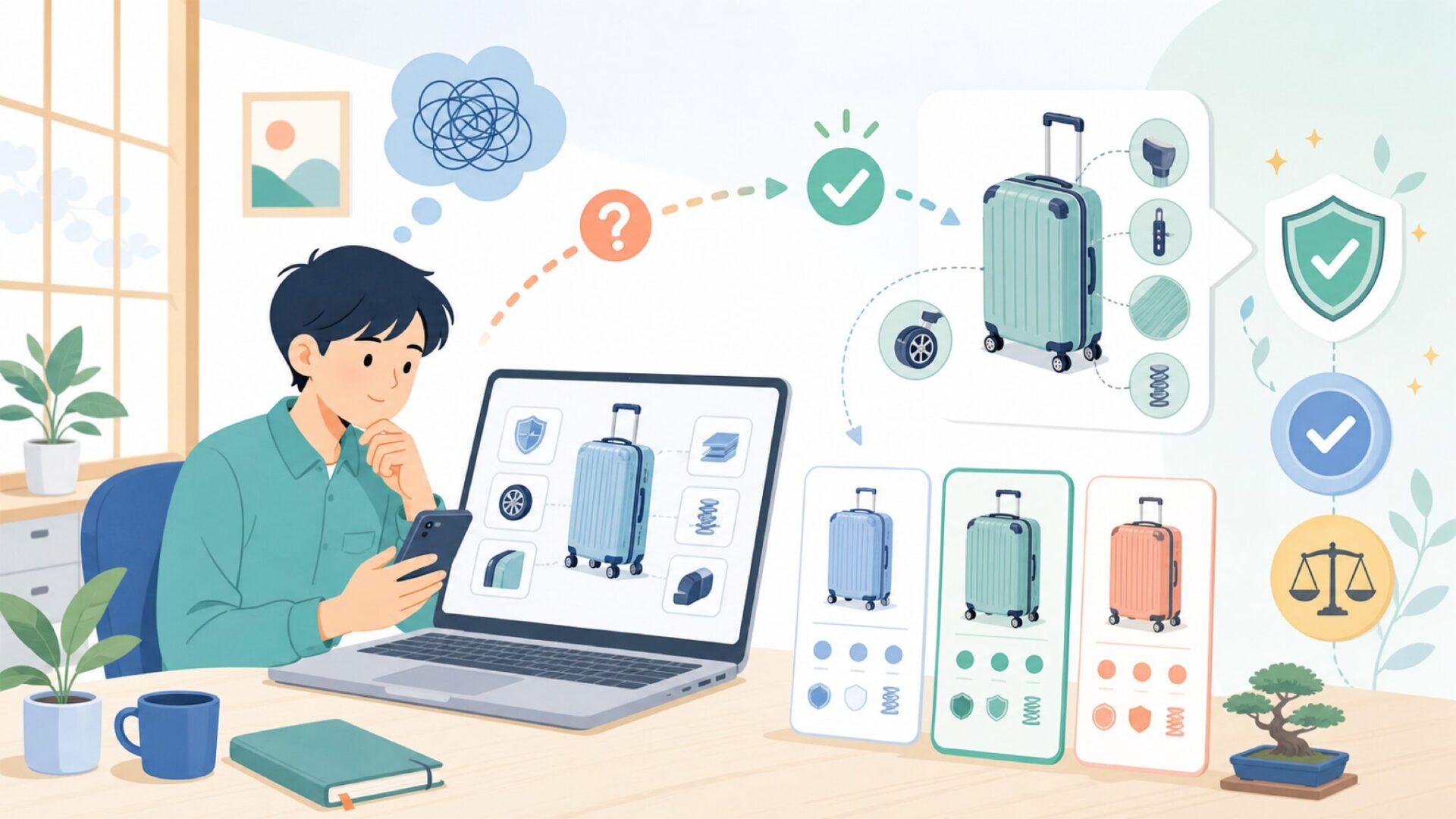 Travelproならではの機能と耐久性の秘密を表すイラスト