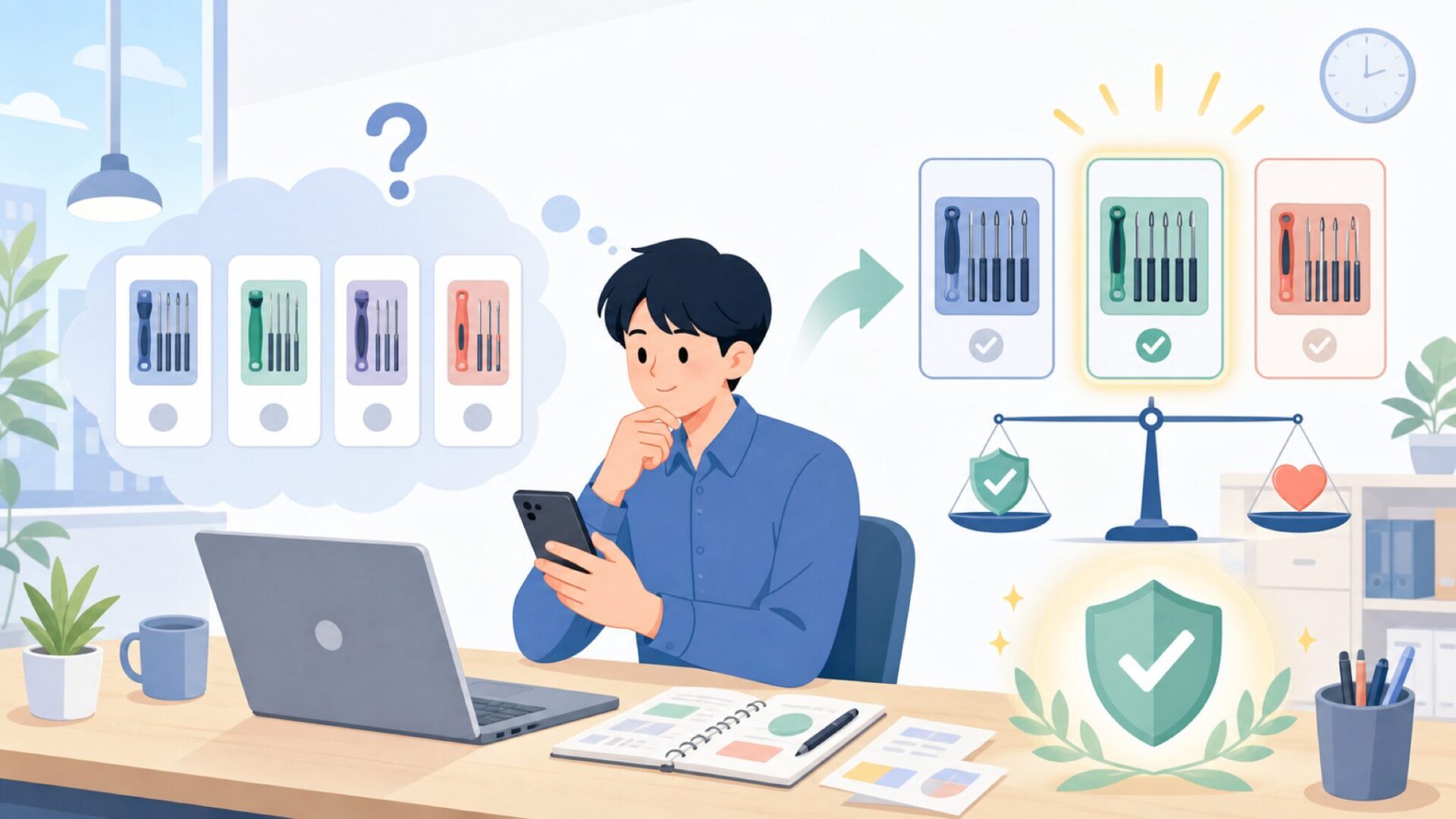 Jakemyと競合ブランド比較｜国産・Wera・Xiaomi系との違いを表すイラスト