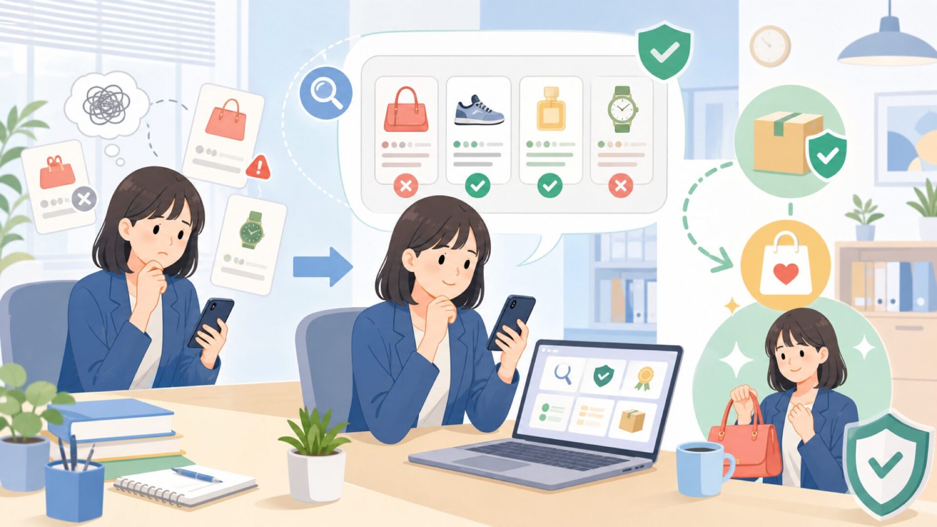 偽物を避ける正規品の見分け方と安全な購入先を表すイラスト