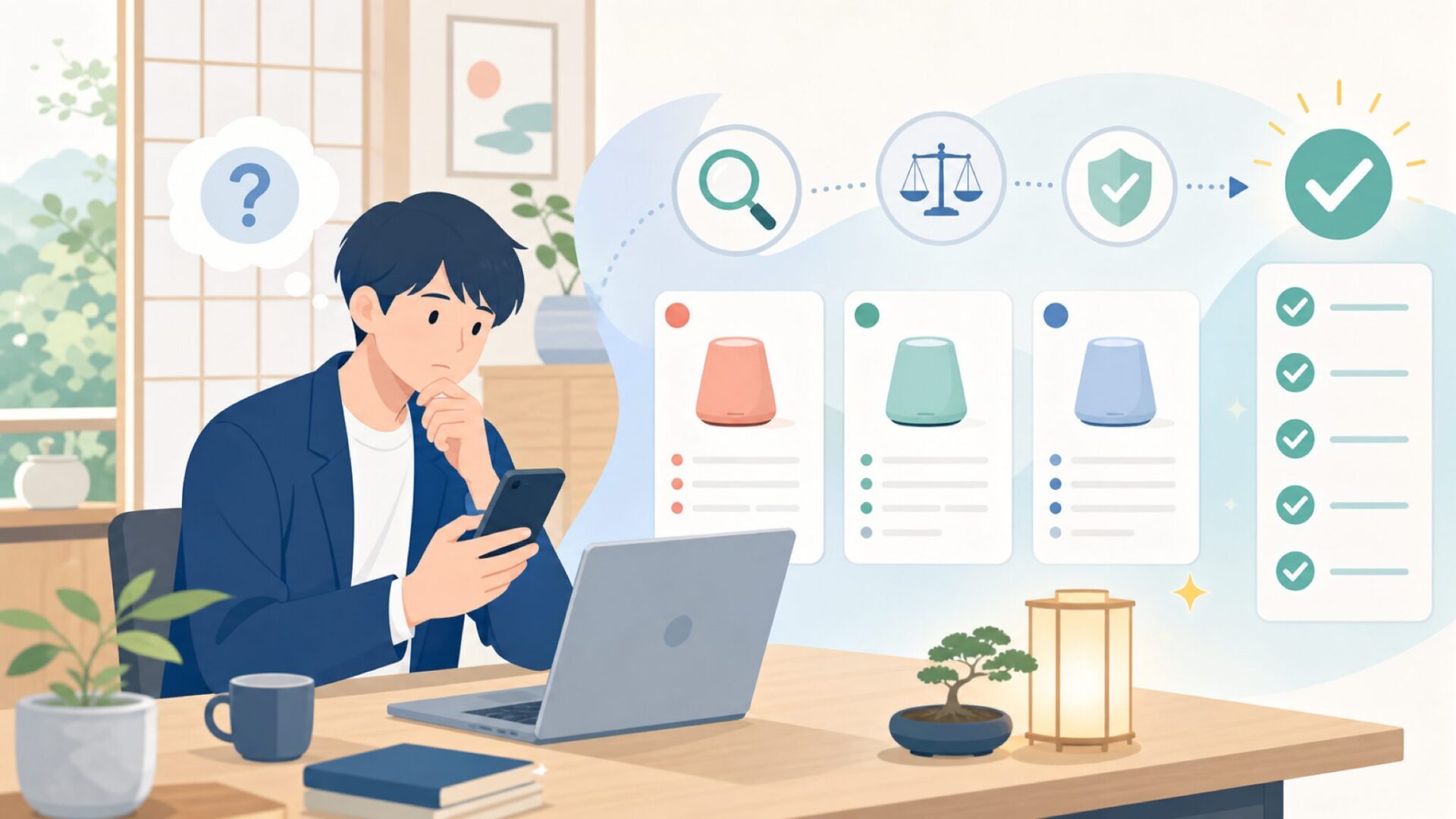 Eonoを買う前に確認しておくべきことを表すイラスト