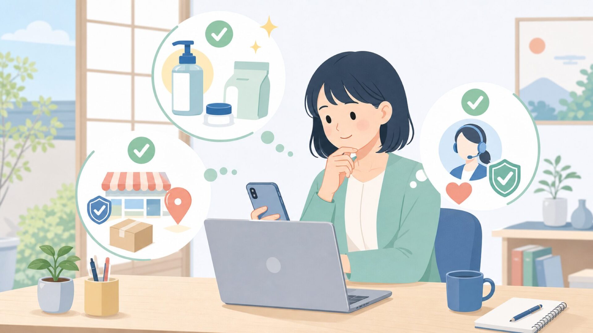 購入前に確認しておきたいこと——消耗品・購入先・サポートを表すイラスト